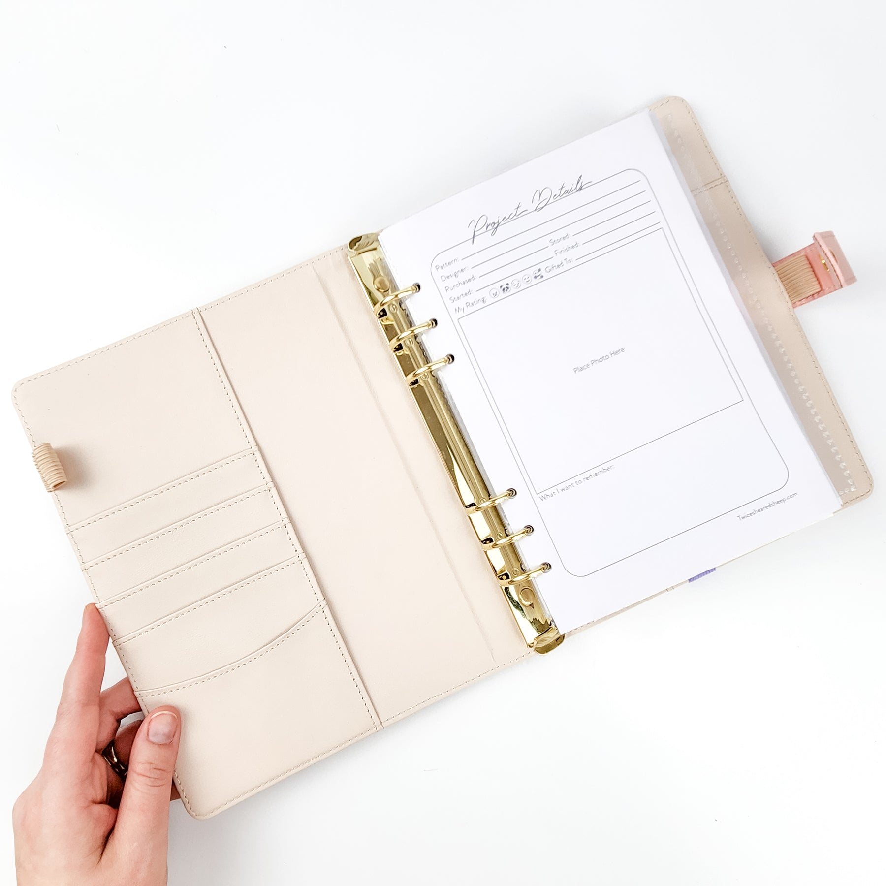 Indigo Grove Project Journal Planner opened flat showing cream faux leather interior with card slots on the left and Project Details page with gold six-ring binder