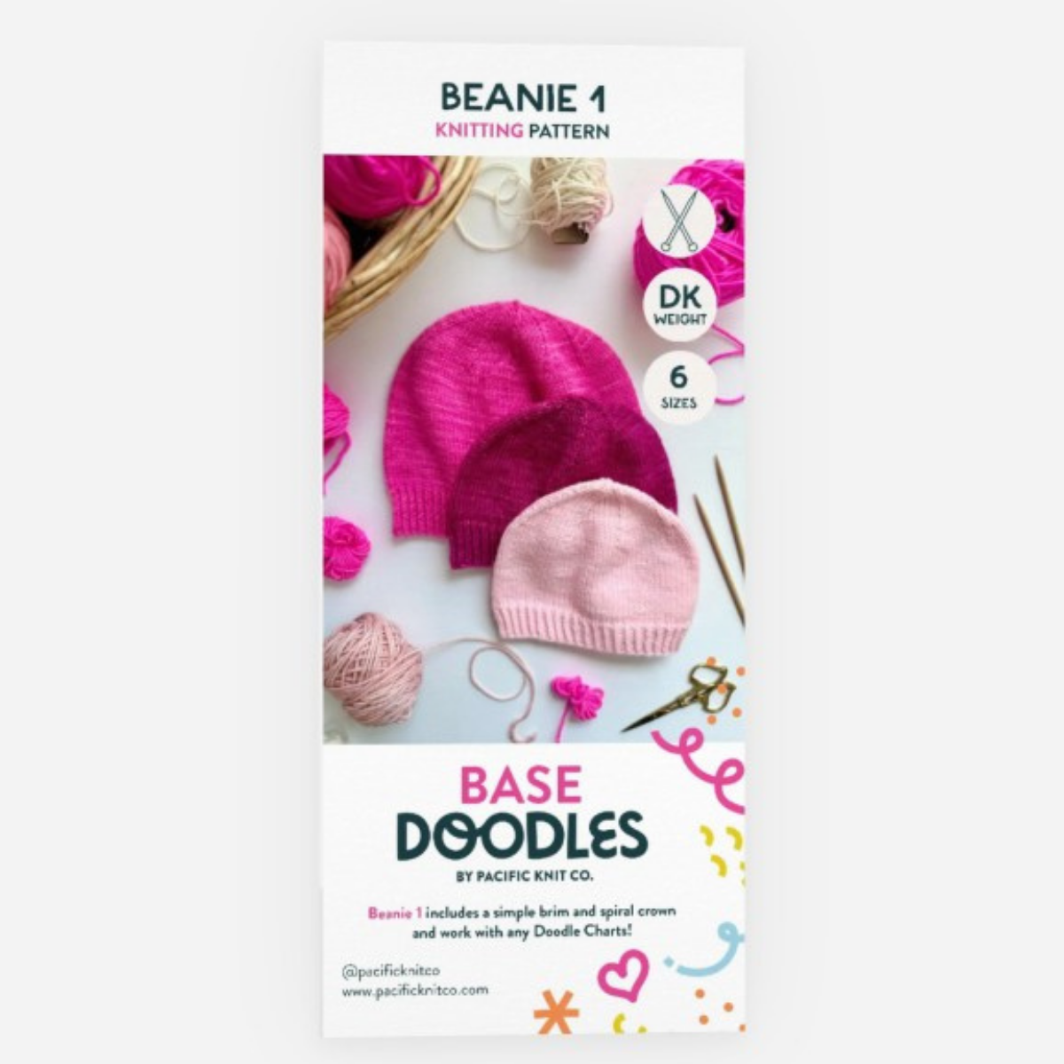 Base Doodles Beanie 1 DK knitting pattern brochure cover with three pink beanies