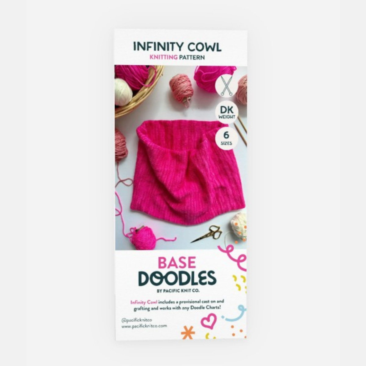 Base Doodles Infinity Cowl DK knitting pattern brochure cover with a hot pink cowl