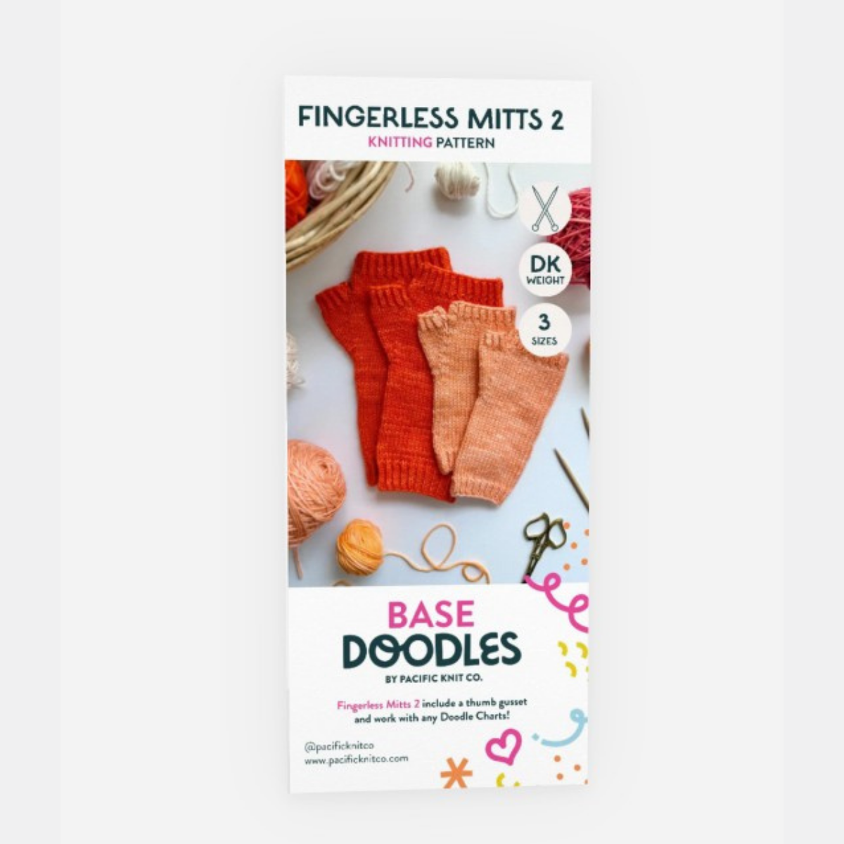 Base Doodles Fingerless Mitts 2 knitting pattern brochure cover with orange mitts