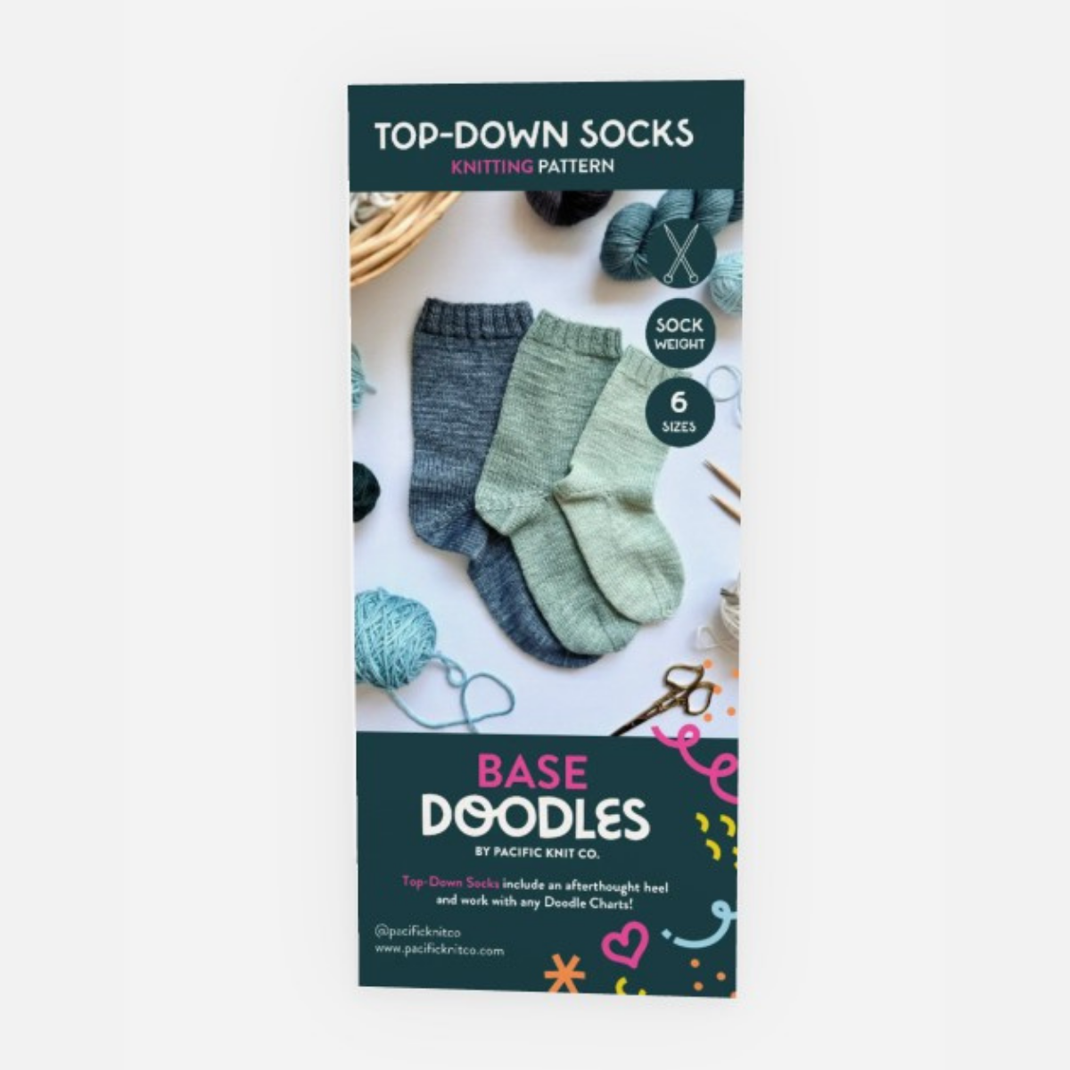 Base Doodles Top-Down Socks Fingering knitting pattern brochure cover with blue and green socks