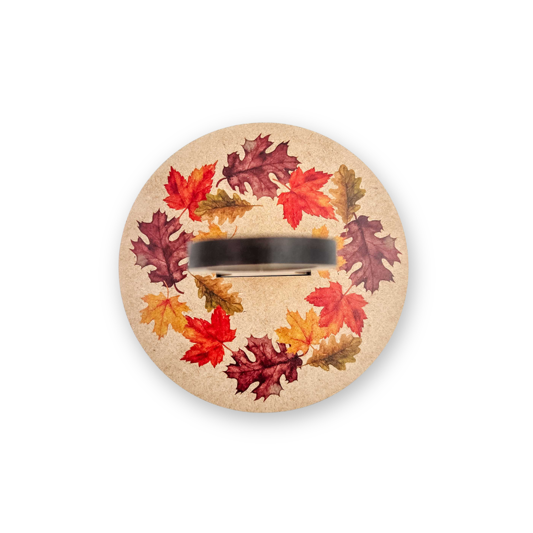 Fall Leaves Carousel wooden lid printed with a watercolor autumn leaf wreath, top view showing the center yarn slot