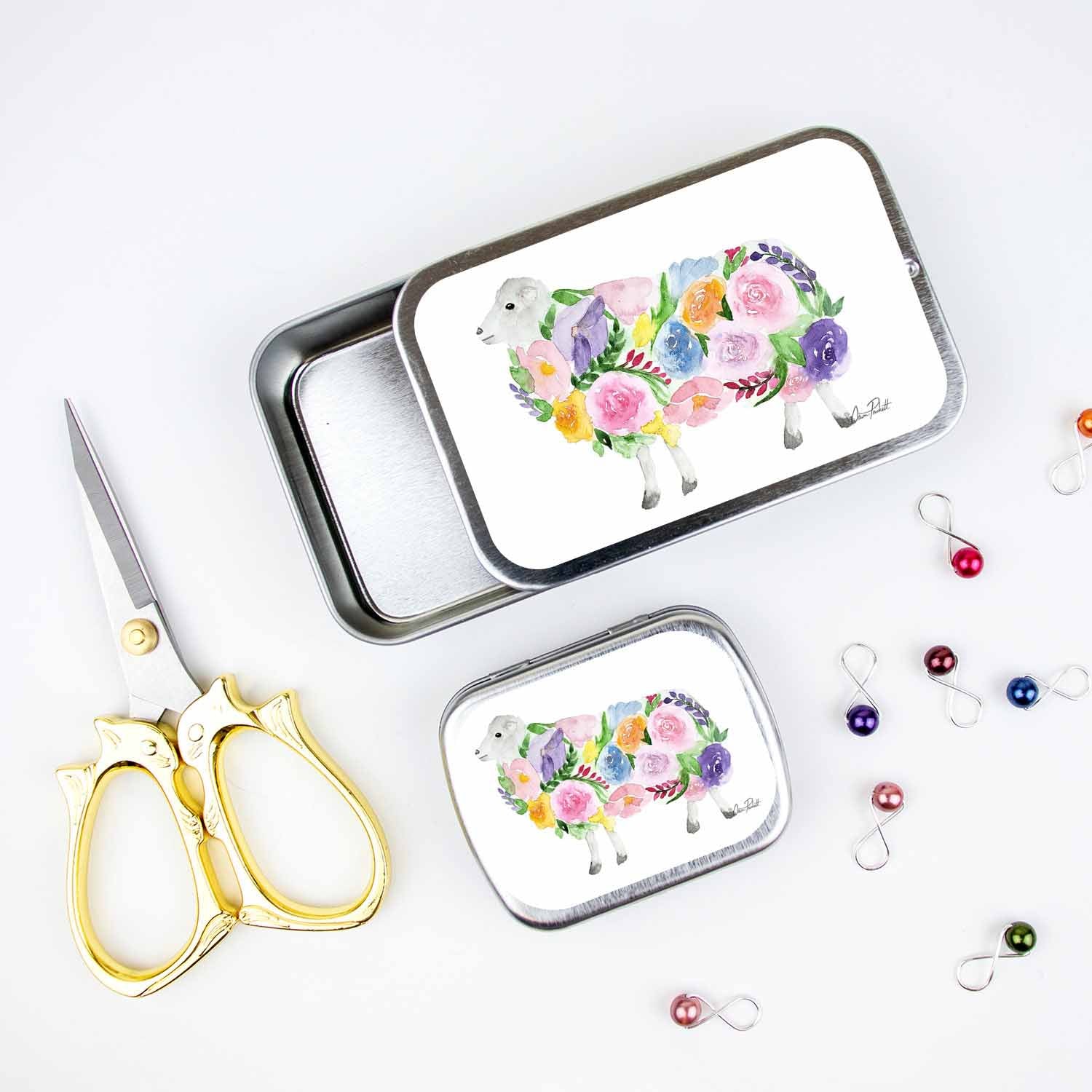 Floral Sheep Stitch Marker Storage Tin