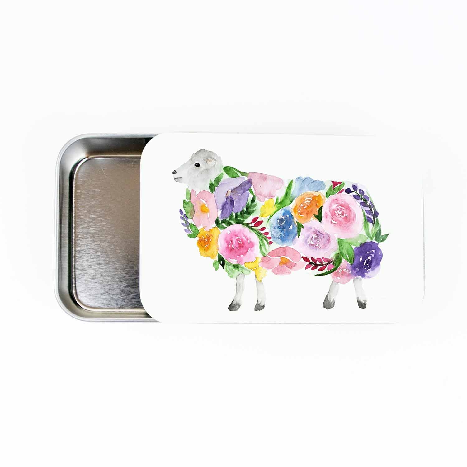 Floral Sheep stitch marker storage tin, large slide-style tin open to show the empty metal tray, lid painted with a white sheep covered in watercolor flowers