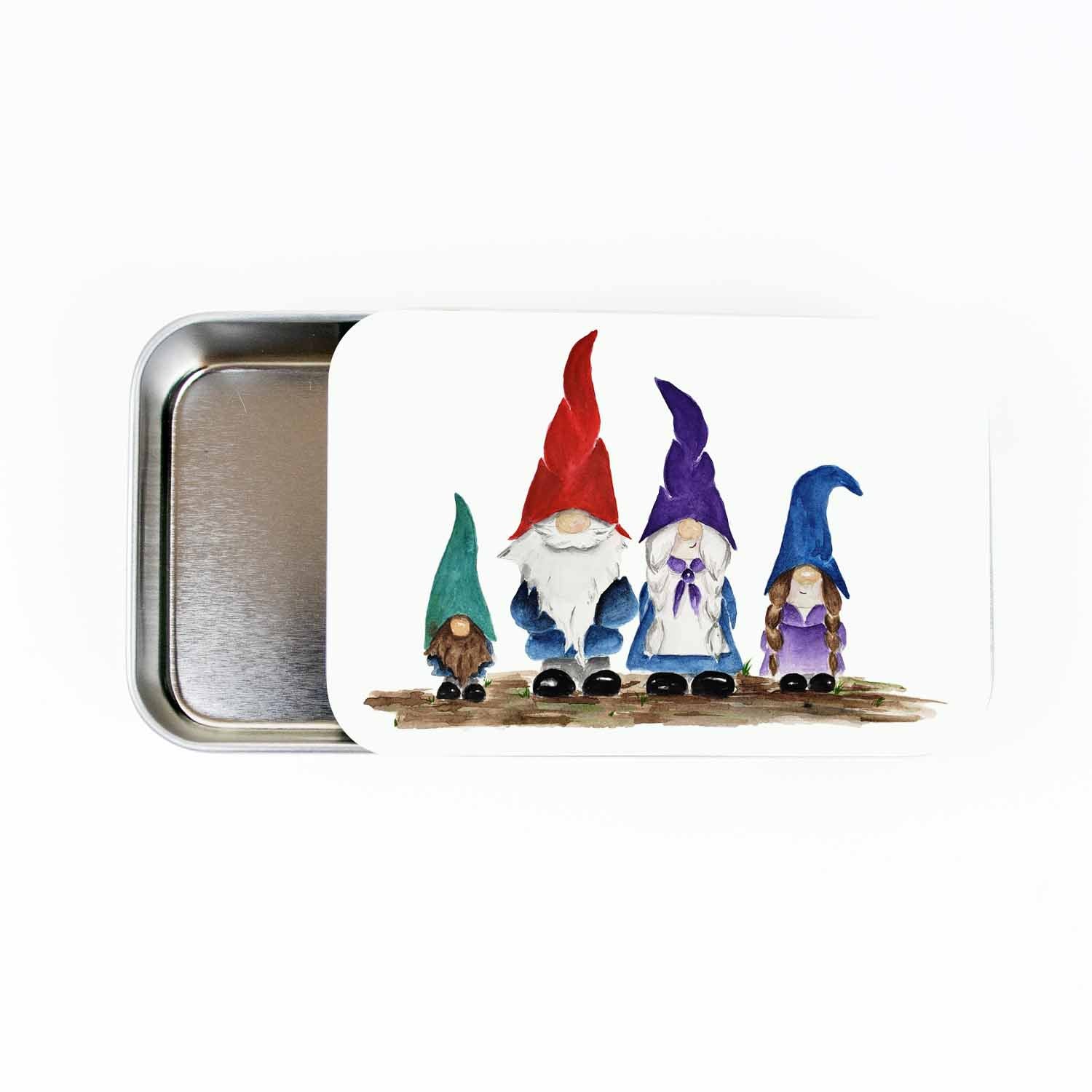 Gnome Family stitch marker tin, large slide-style tin open to show the empty metal tray, lid painted with four watercolor gnomes in red, purple and blue hats