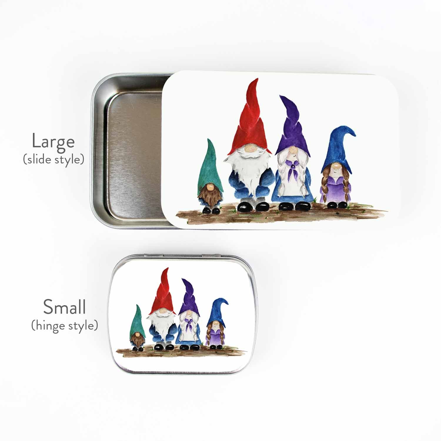 Gnome Family stitch marker tins shown together for size: large slide-style tin and small hinge-style tin with watercolor gnome family artwork