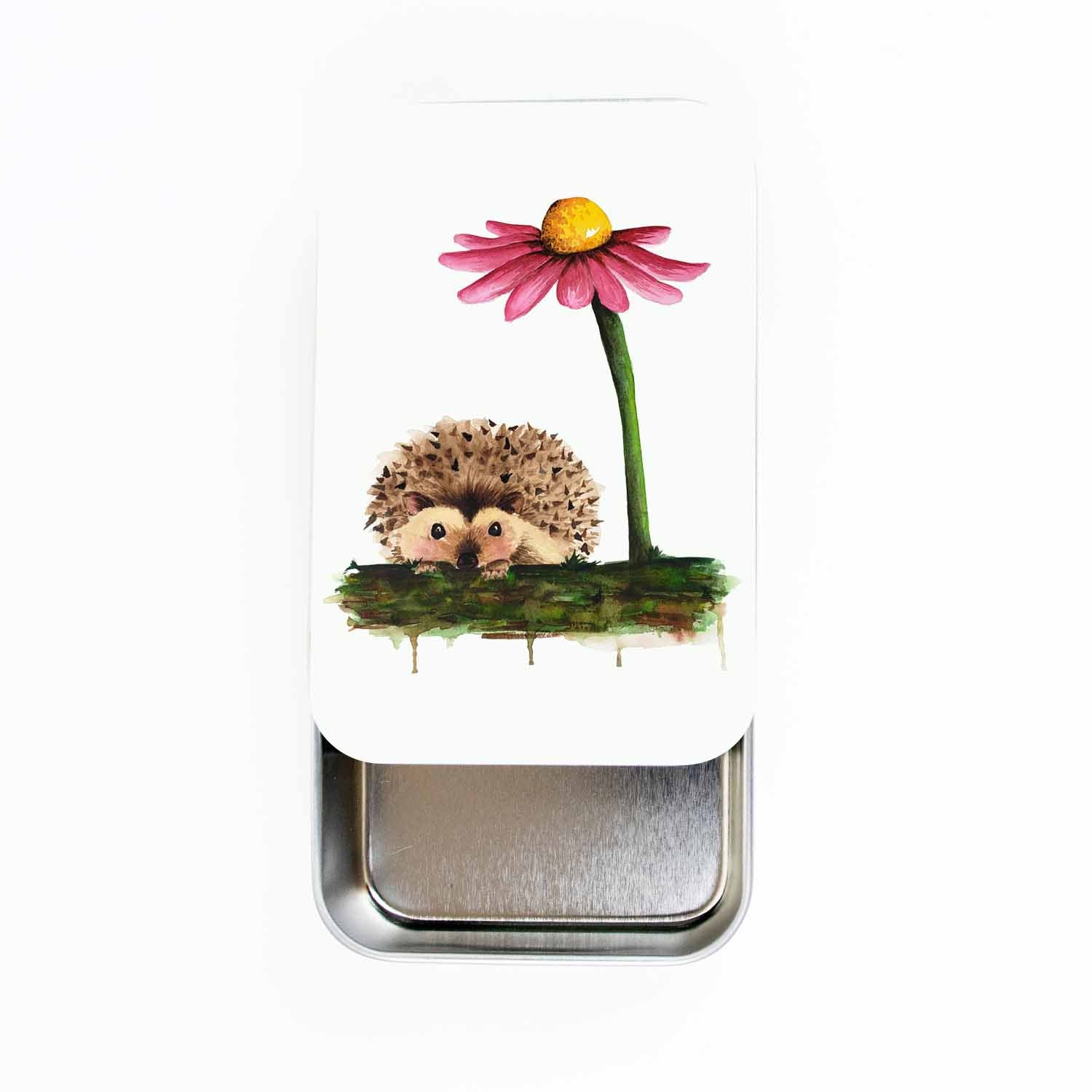 Hedgehog stitch marker tin, large slide-style tin open to show the empty metal tray, lid painted with two watercolor hedgehogs under a pink coneflower