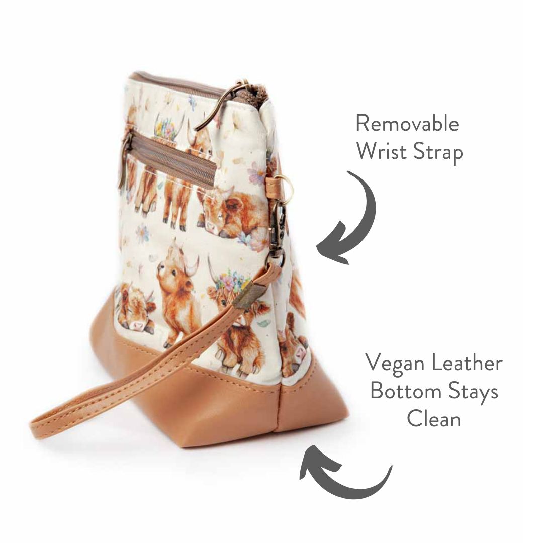 Mini Trini Bag – Small Zippered Sock Project Bag - Highland Cow