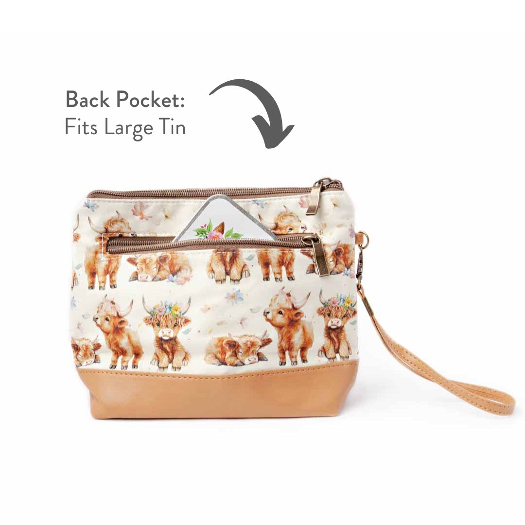 Mini Trini Bag – Small Zippered Sock Project Bag - Highland Cow
