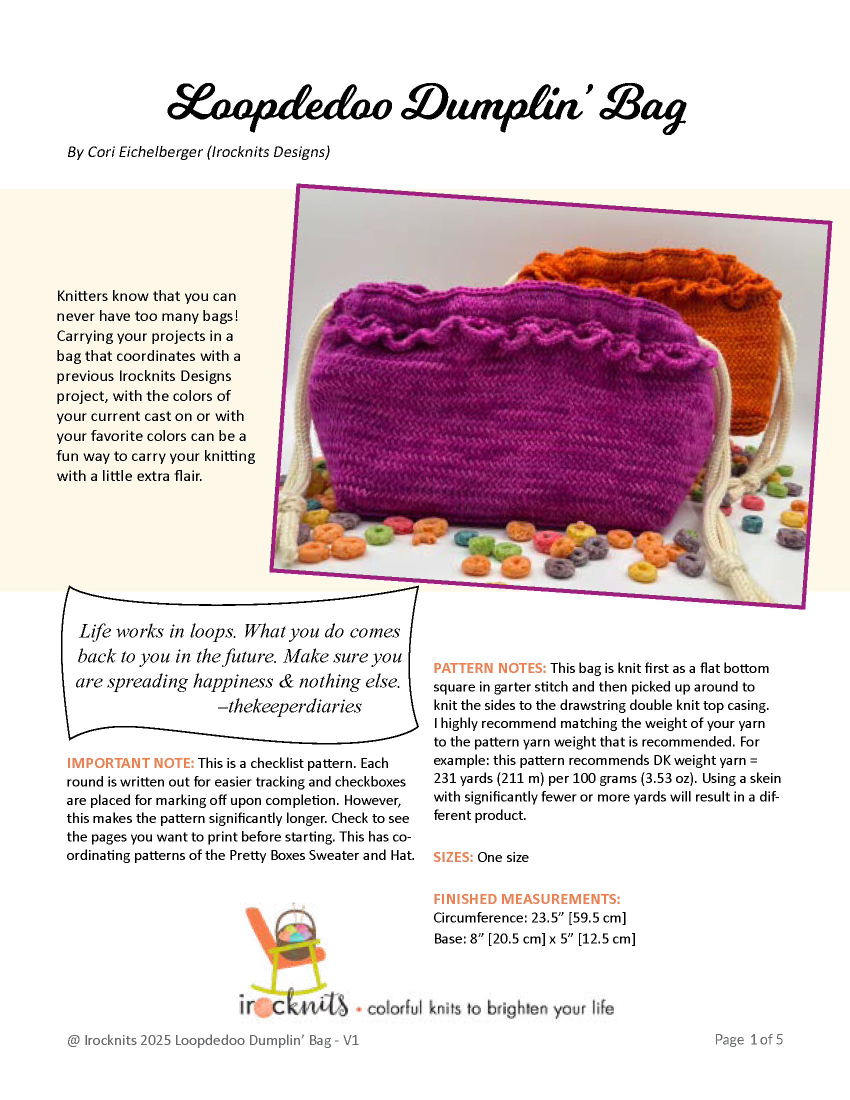 Loopdedoo Dumplin Bag Knit PDF Download Pattern by Cori Eichelberger