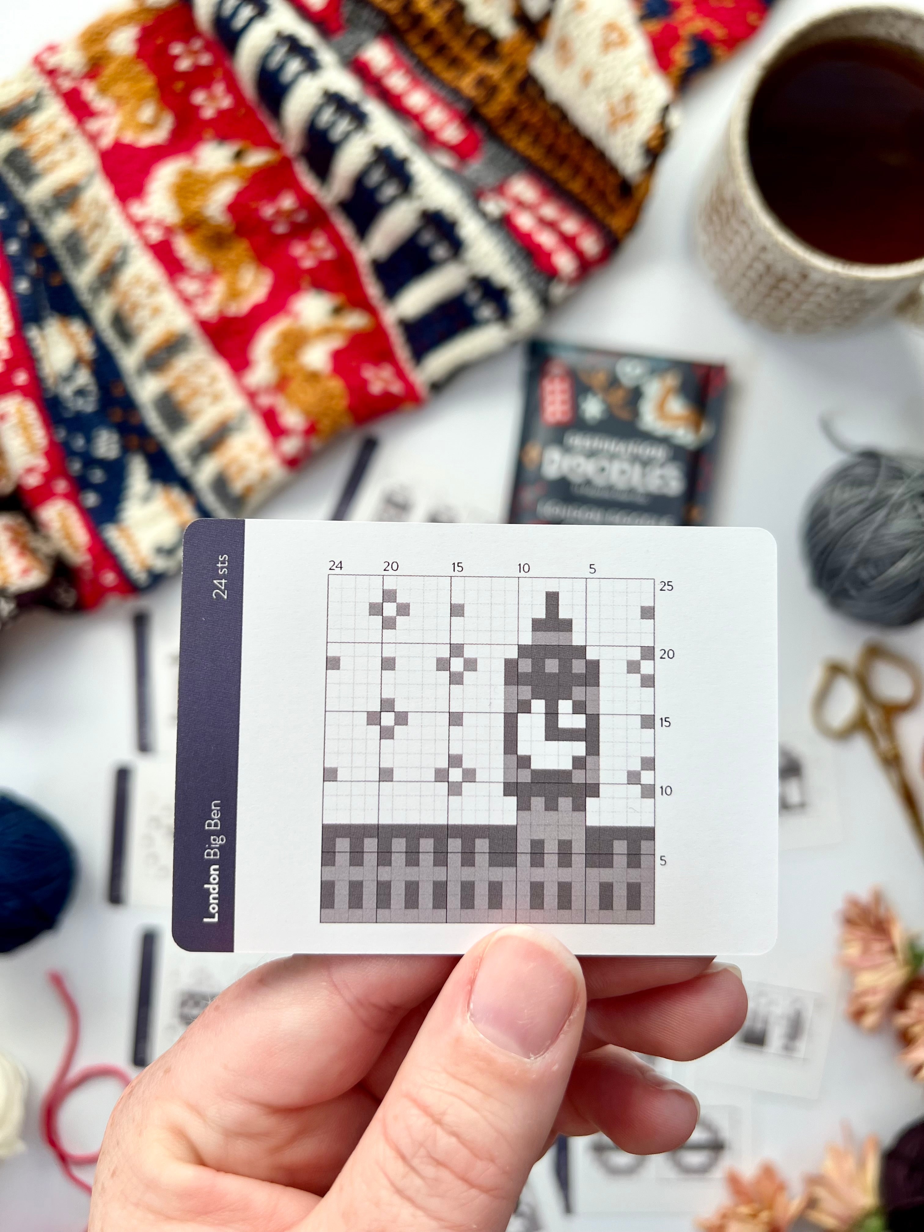 Hand holding a London Doodle Big Ben colorwork chart card
