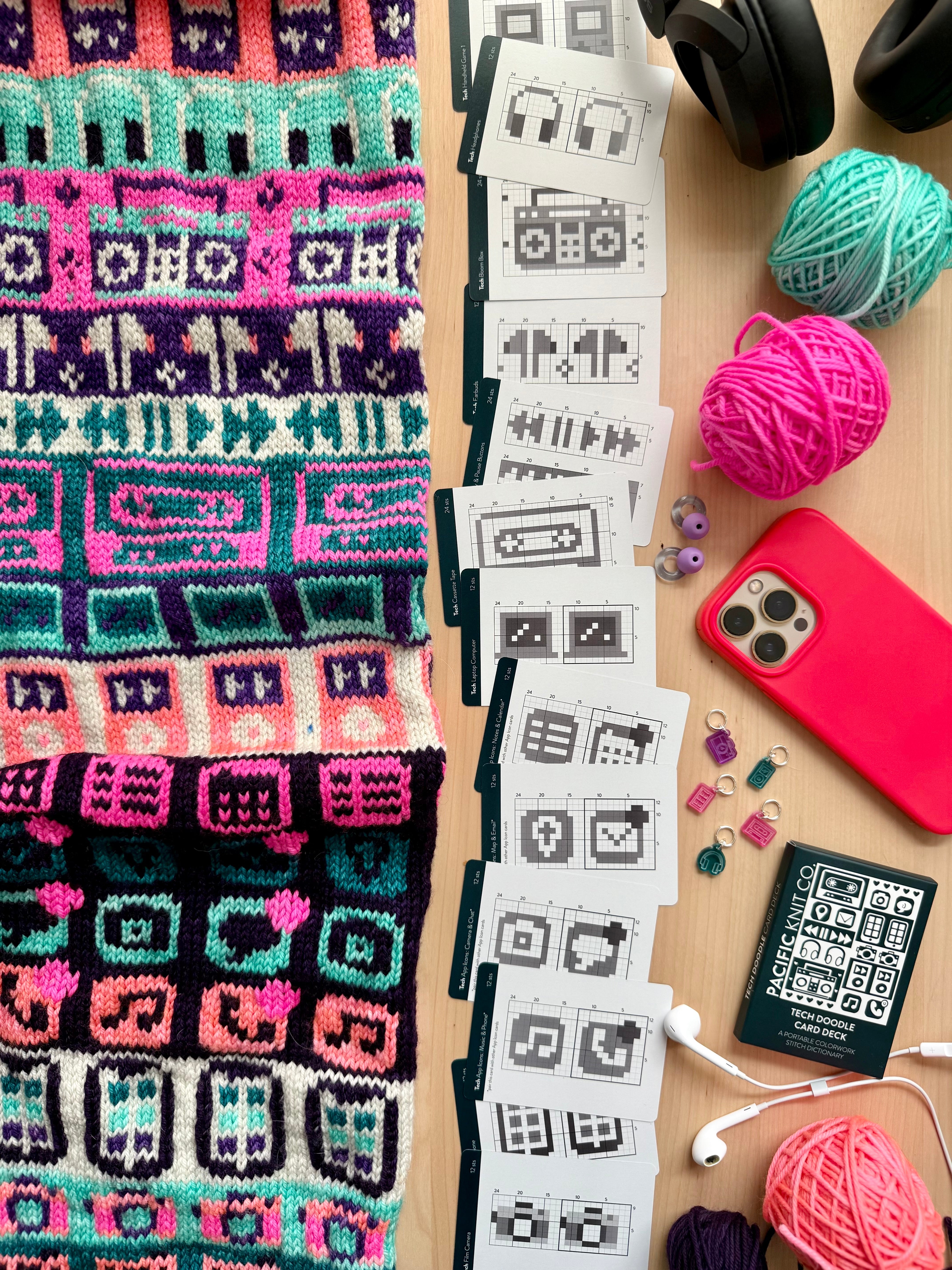 Tech Doodle colorwork knit with chart cards, headphones and yarn balls