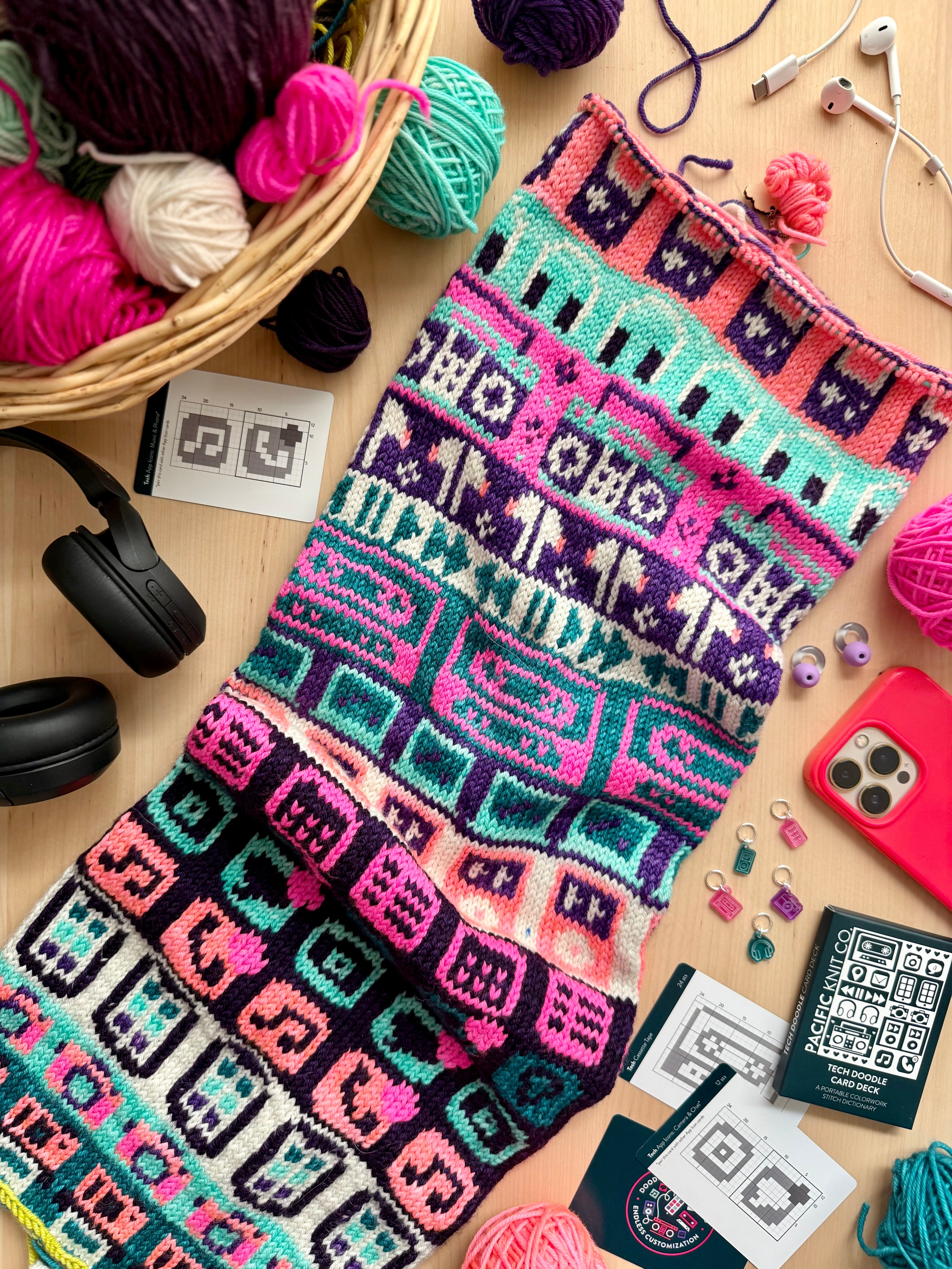 Tech Doodle chart cards beside a bright pink and teal gadget colorwork knit