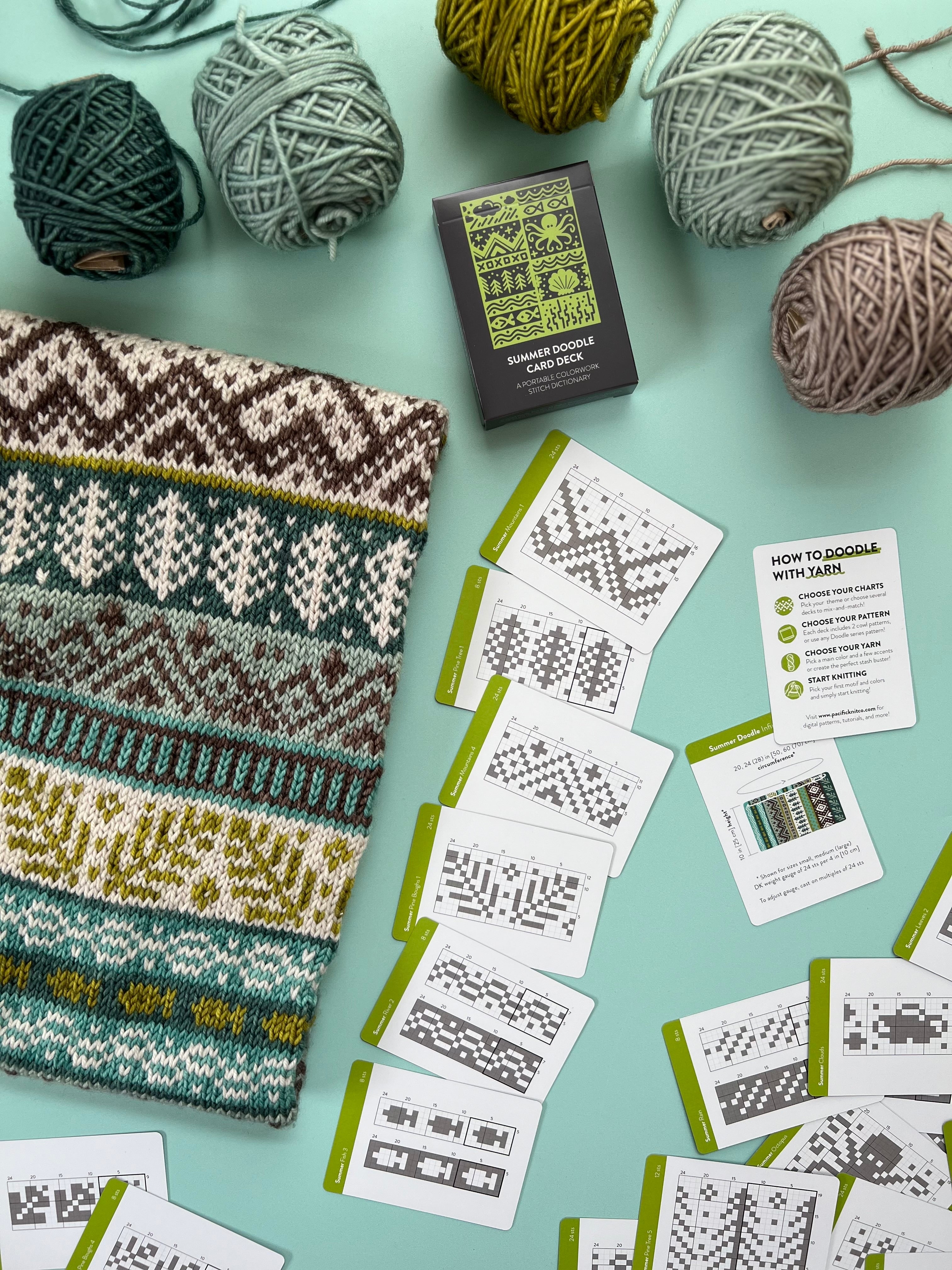 Summer Doodle deck and chart cards beside a green and cream colorwork knit