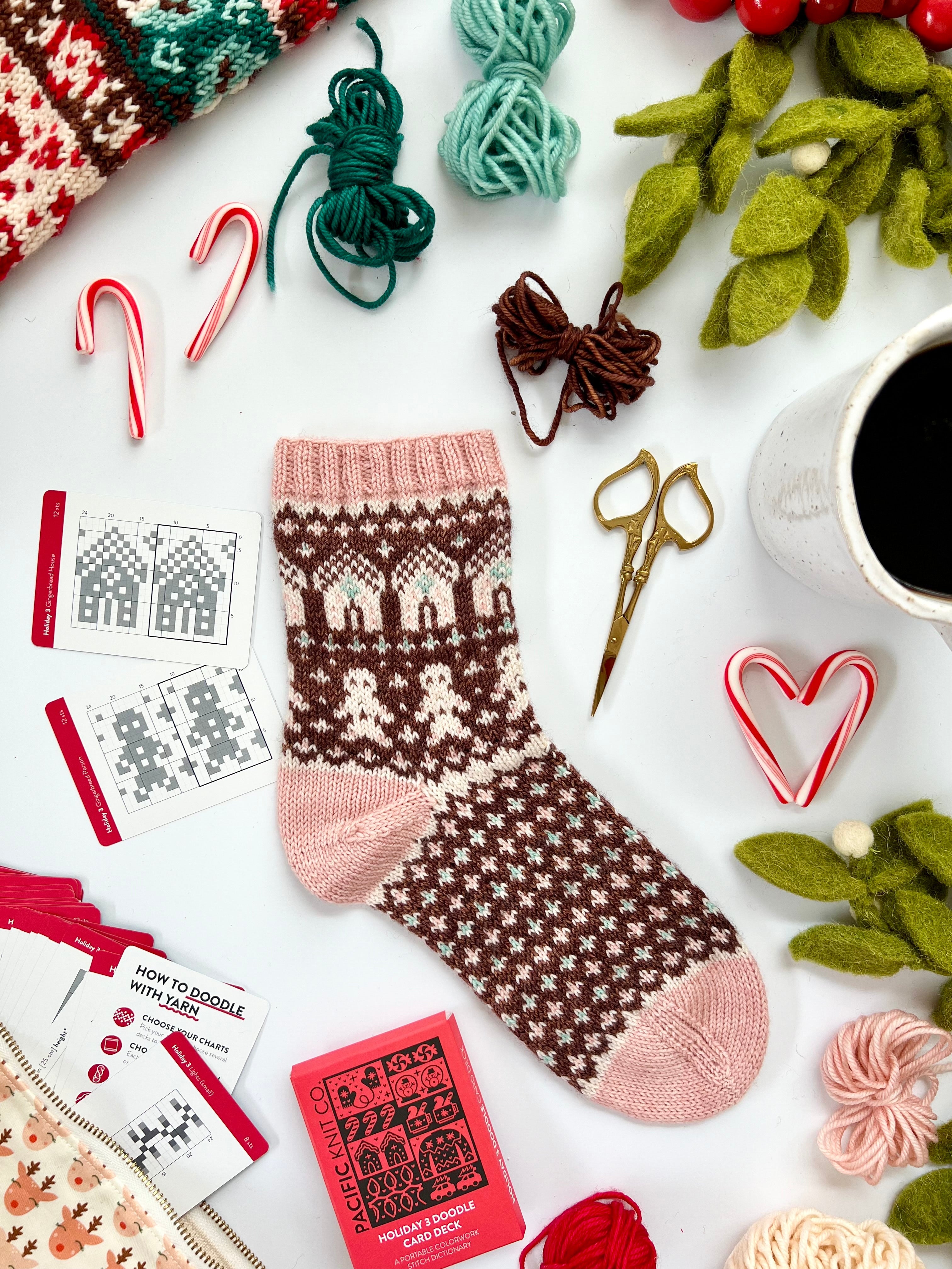 Pink and brown Holiday 3 Doodle colorwork socks with candy canes and chart cards