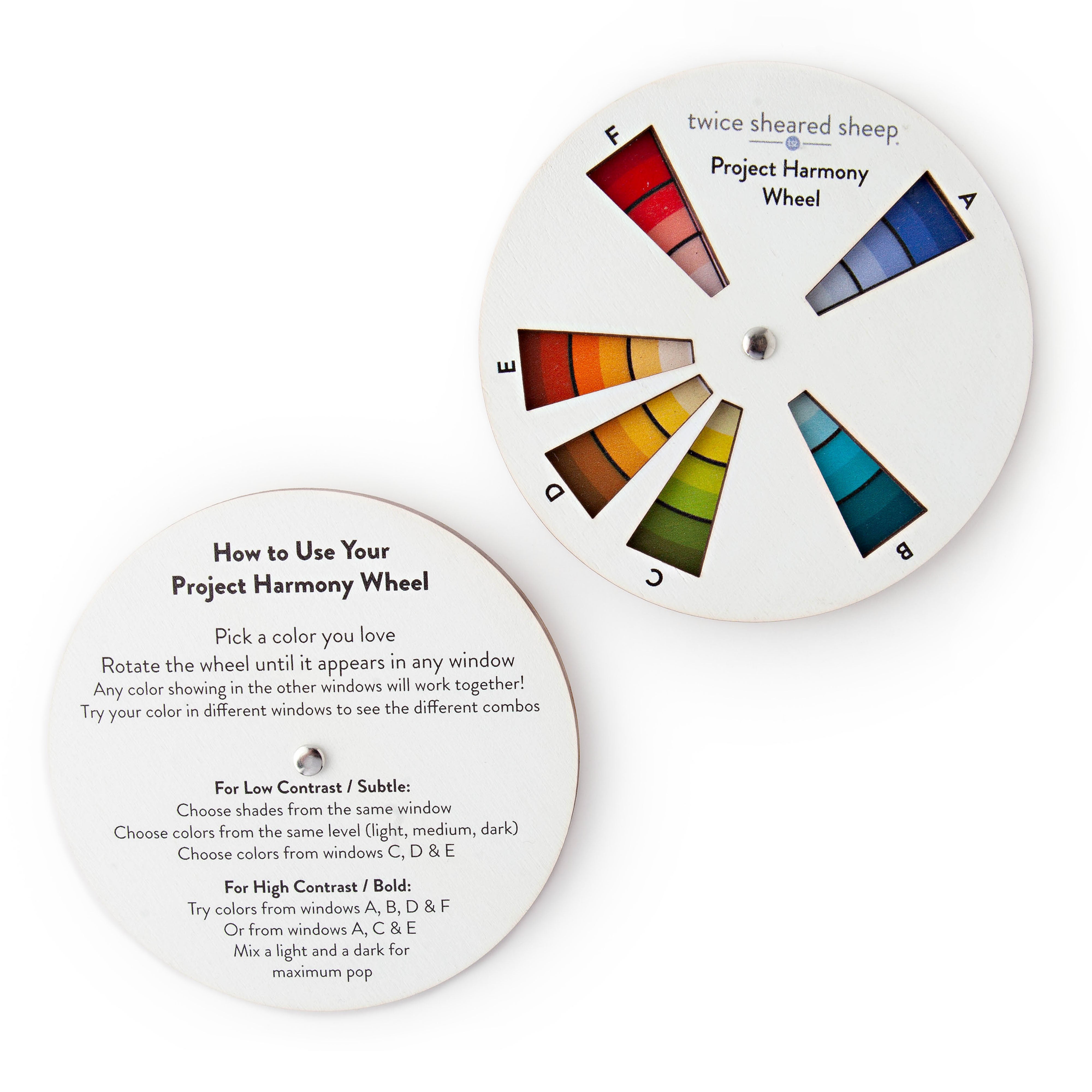 Front and back of the Project Harmony Wheel side by side, with color swatch windows and printed How to Use Your Project Harmony Wheel instructions