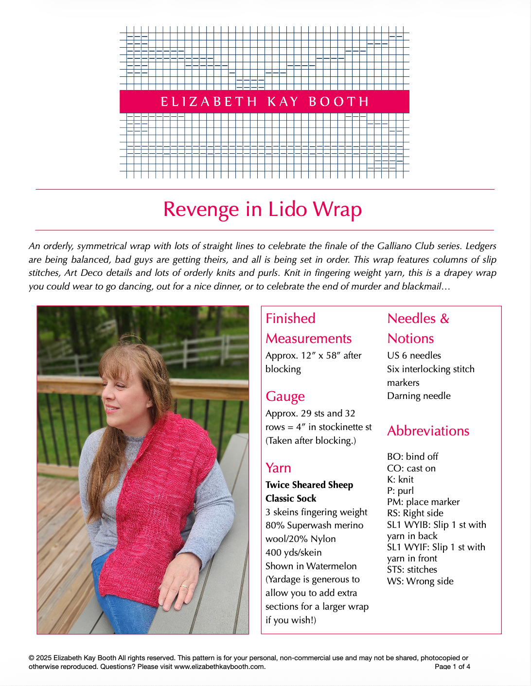 First page of the Revenge in Lido Wrap knit PDF pattern by Elizabeth Kay Booth showing pattern photo, finished measurements, needle and yarn details, and abbreviations
