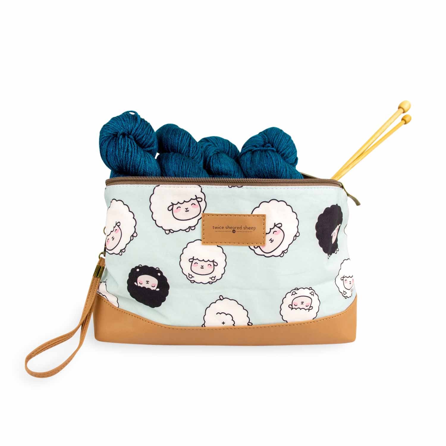 Chubby Sheep Trinity Bag – Medium Zippered Knitting Project Bag – Seafoam