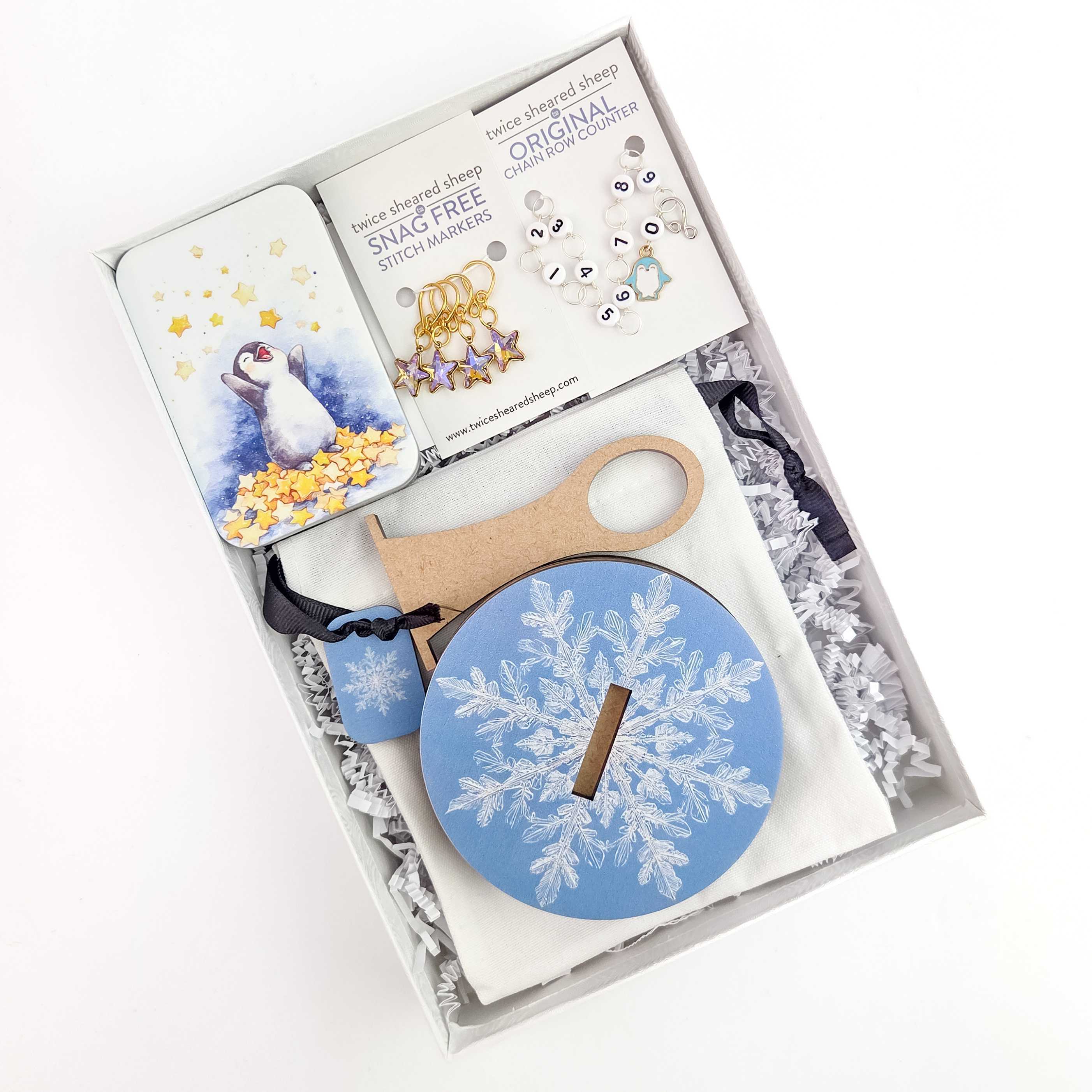 2026 LYS Exclusive Winter Gift Box branded materials including snowflake design cards, postcards, and packaging inserts on white background