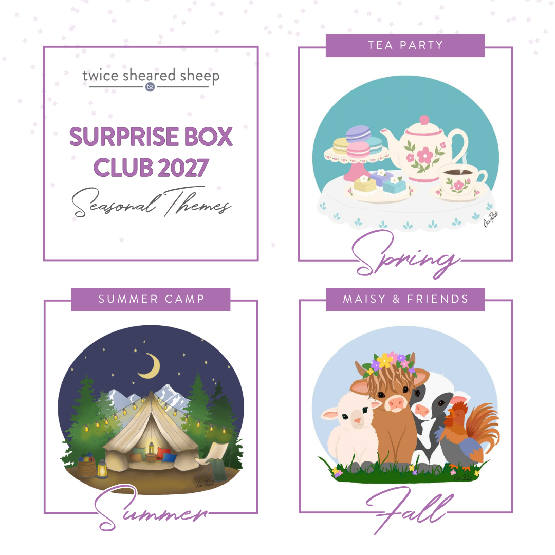Surprise Box Club 2027 seasonal themes: Tea Party for spring, Summer Camp for summer, and Maisy & Friends for fall, each shown as an illustration