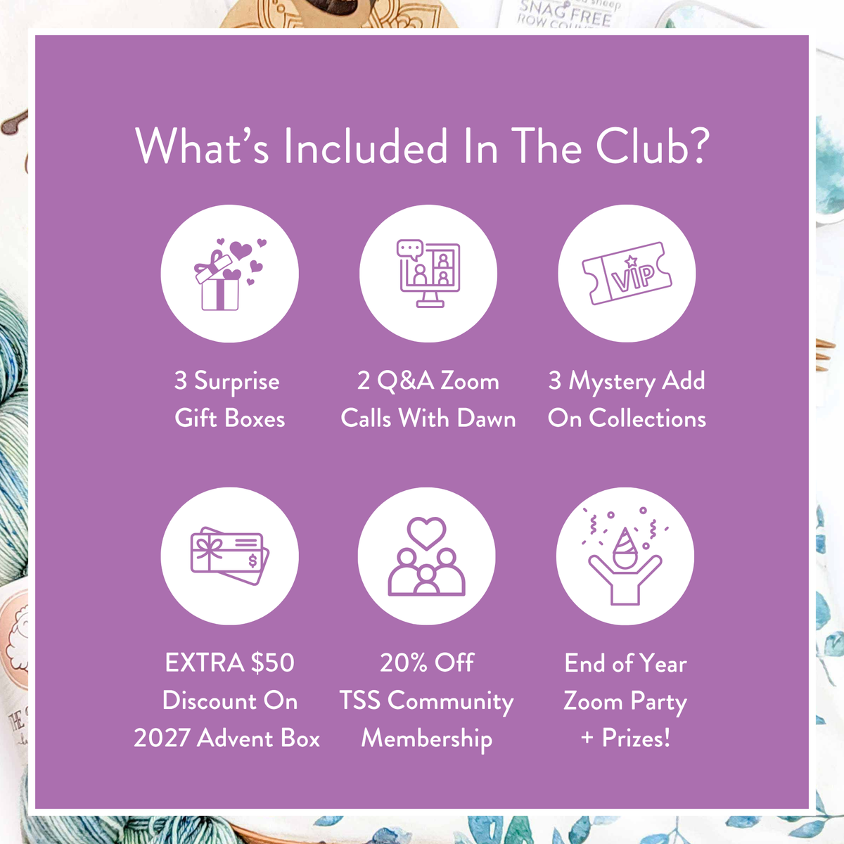 What's included in the 2027 Surprise Box Club: 3 surprise gift boxes, 2 Q&A Zoom calls with Dawn, 3 mystery add-on collections, an extra $50 off the 2027 Advent Box, 20% off TSS Community membership, and an end-of-year Zoom party with prizes