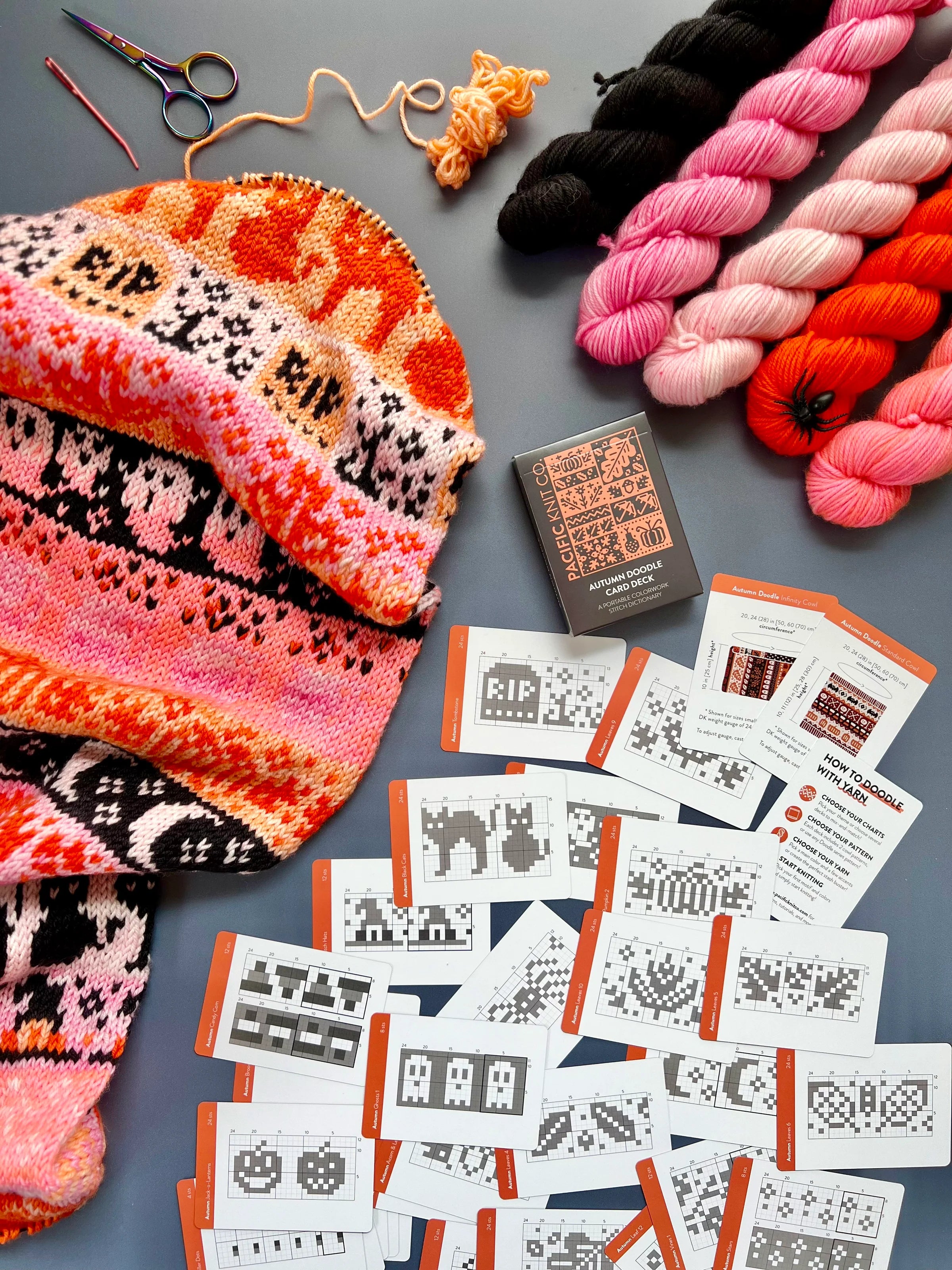 Autumn Doodle deck, chart cards and a black cat colorwork hat on a grey background