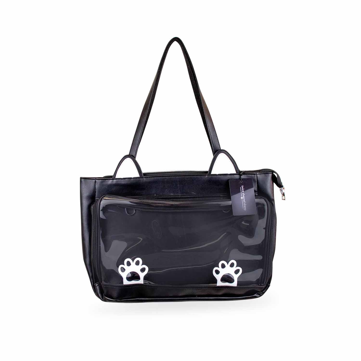 Kitty Cat Vegan Leather Knitting Project Bag - Large Ita Tote Bag - Black