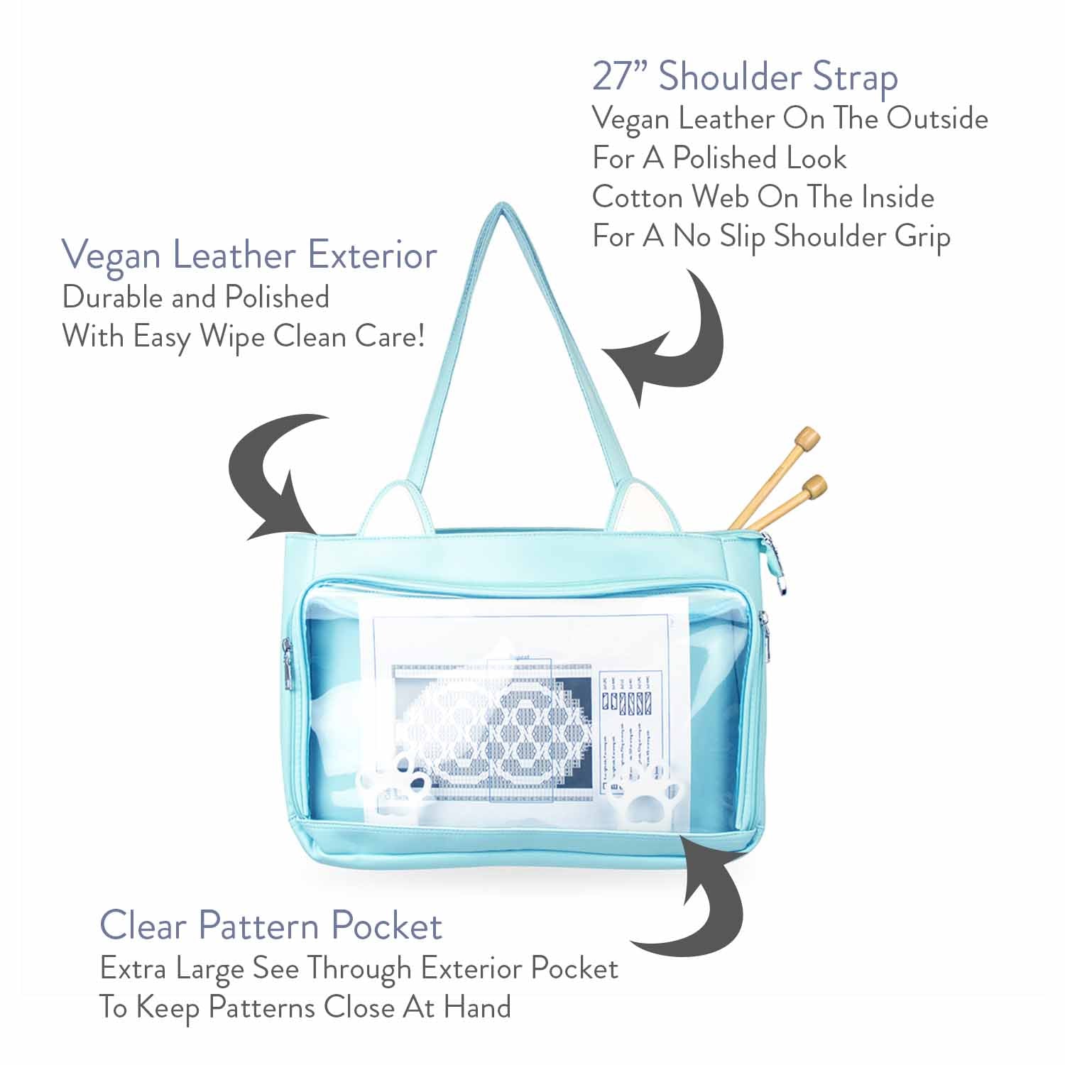 Kitty Cat Vegan Leather Knitting Project Bag - Large Ita Tote Bag - Seafoam