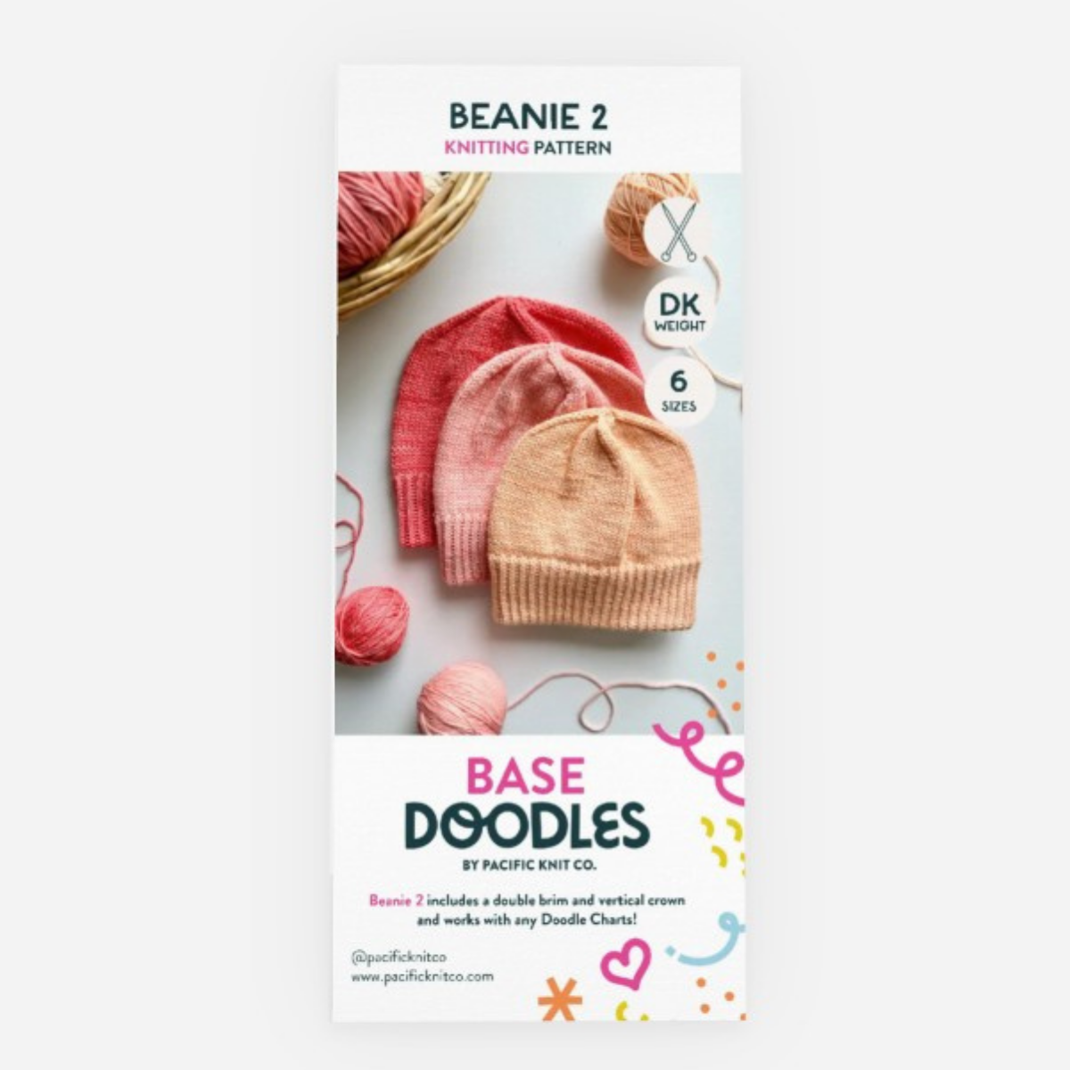 Base Doodles Beanie 2 DK knitting pattern brochure cover with three folded-brim beanies