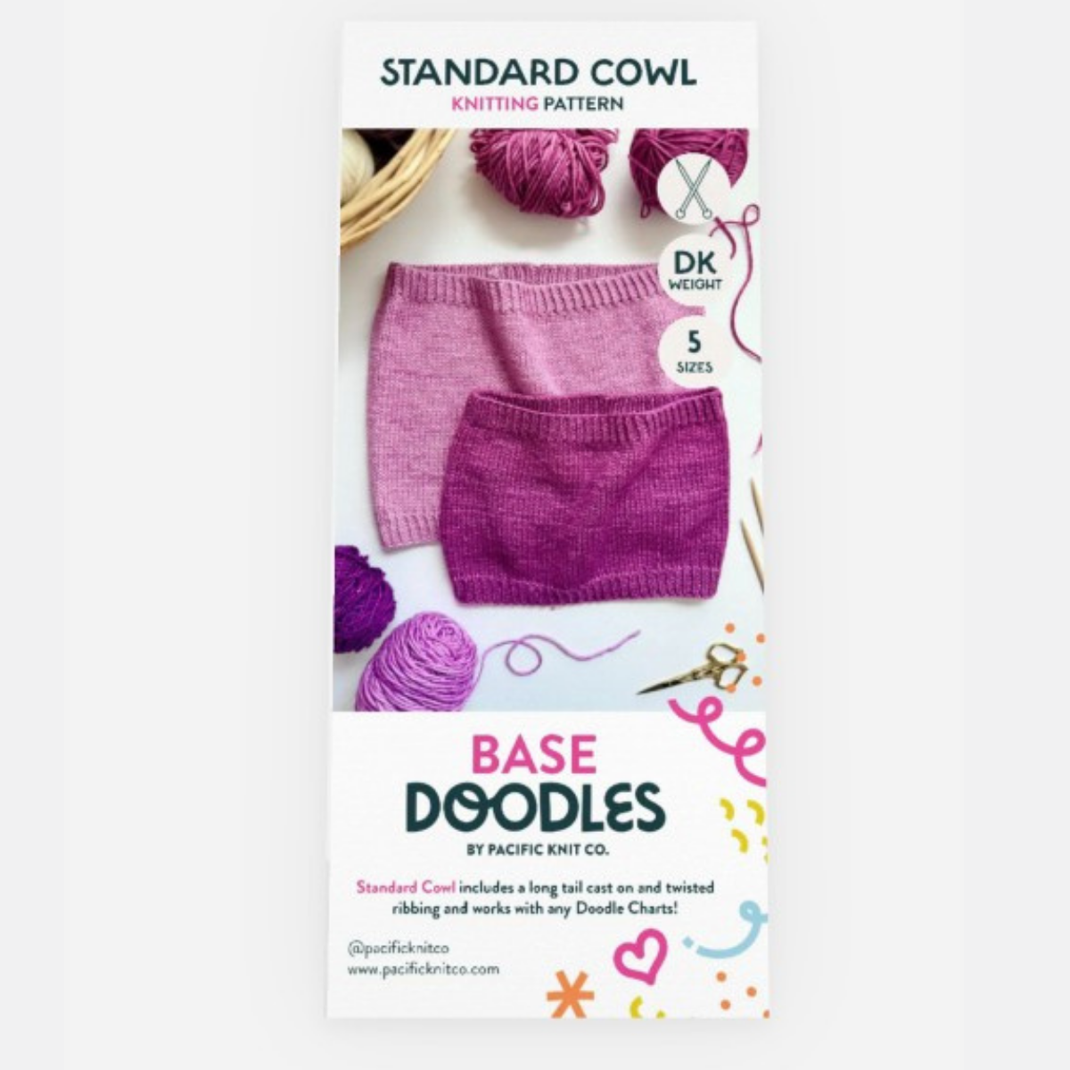 Base Doodles Standard Cowl DK knitting pattern brochure cover with pink cowls