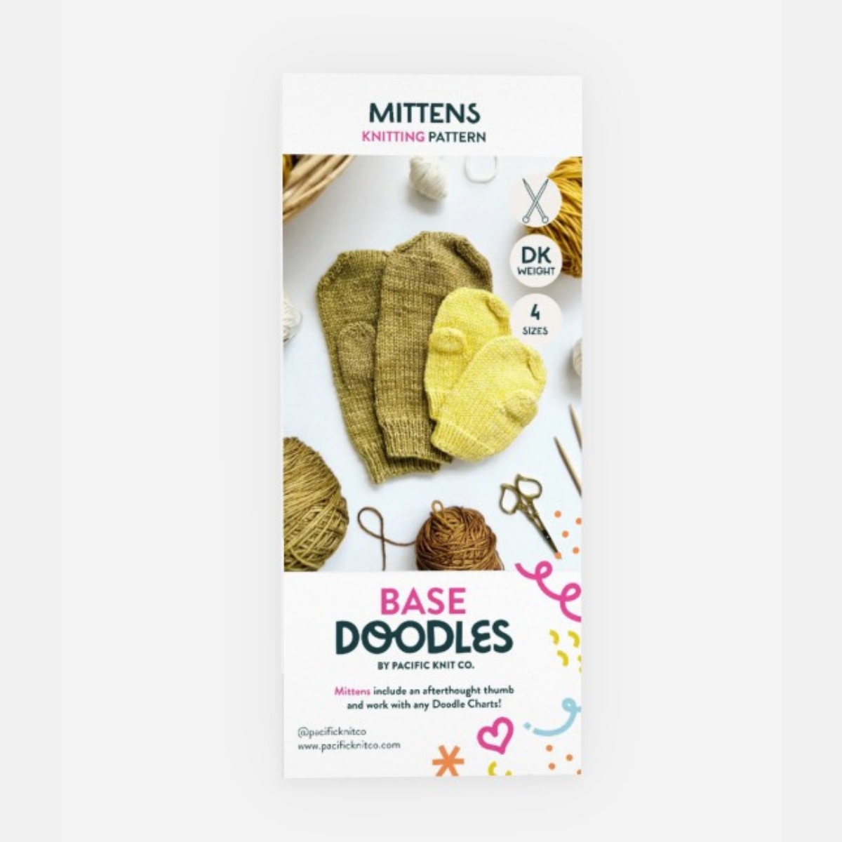 Base Doodles Mittens knitting pattern brochure cover with olive and yellow mittens
