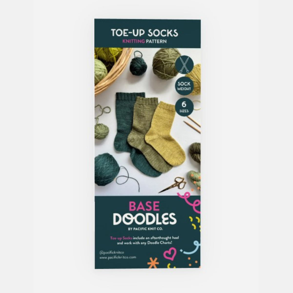 Base Doodles Toe-Up Socks Fingering knitting pattern brochure cover with striped socks