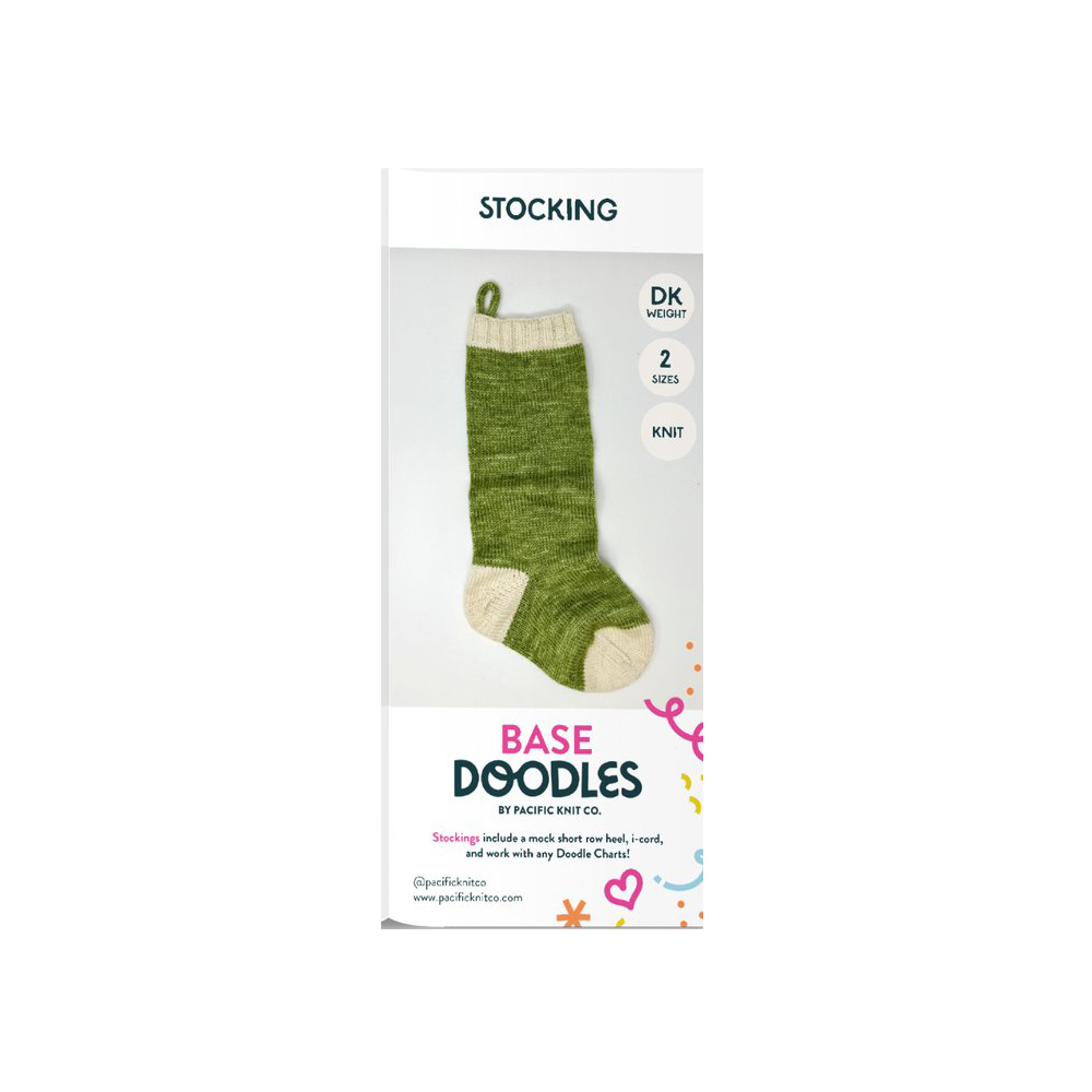Base Doodles Stocking knitting pattern brochure cover with a green and cream knit stocking