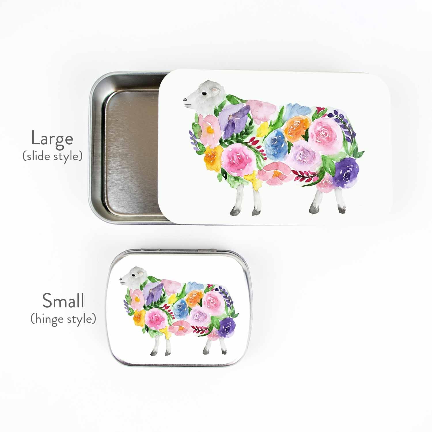 Floral Sheep stitch marker storage tins shown together for size: large slide-style tin and small hinge-style tin with watercolor floral sheep artwork