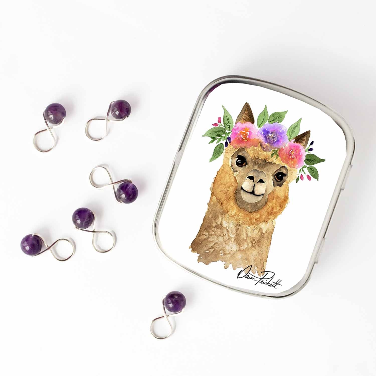 Flower Alpaca Stitch Marker Storage Tin