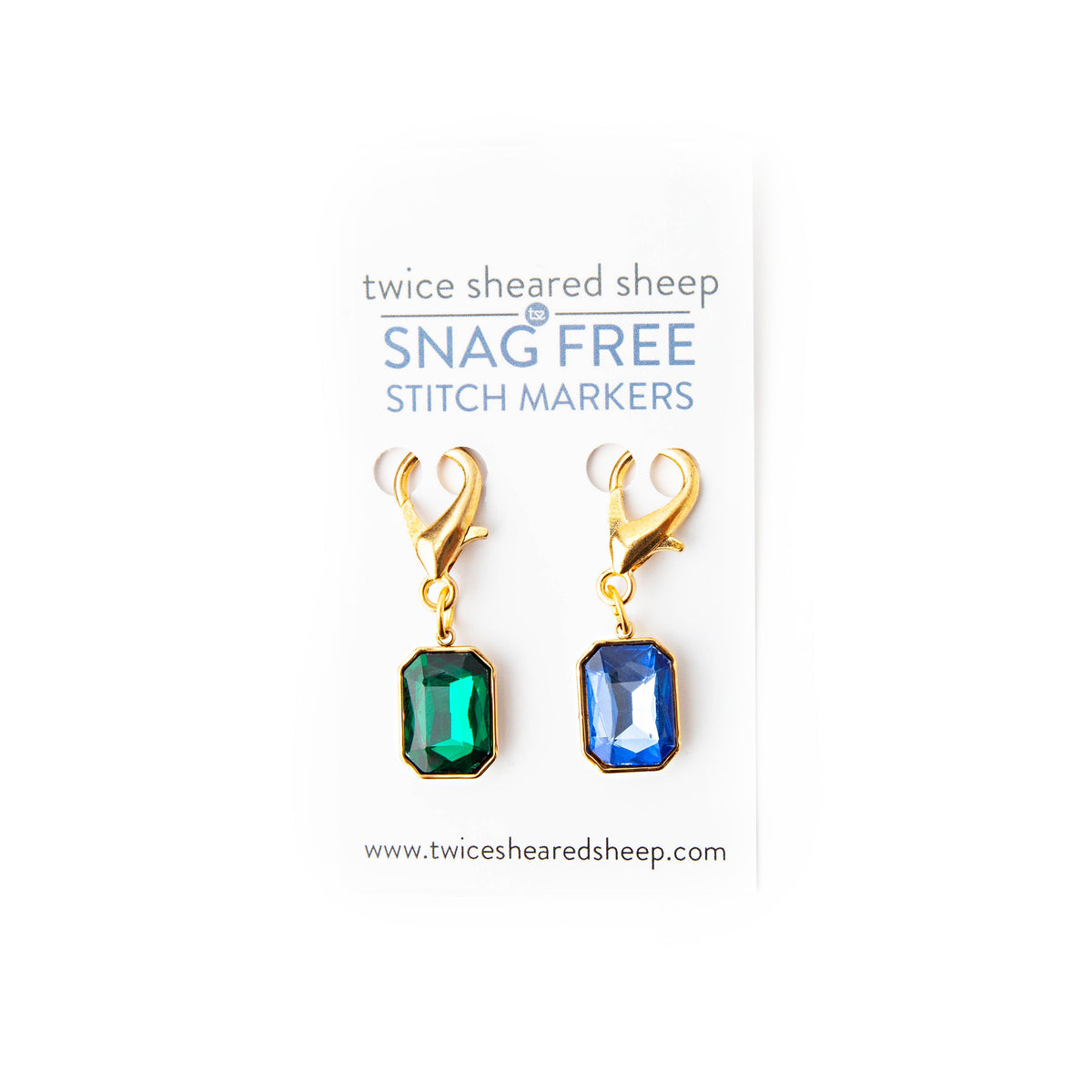 Twice Sheared Sheep Snag Free Stitch Markers packaging card holding one green and one blue gem clip marker
