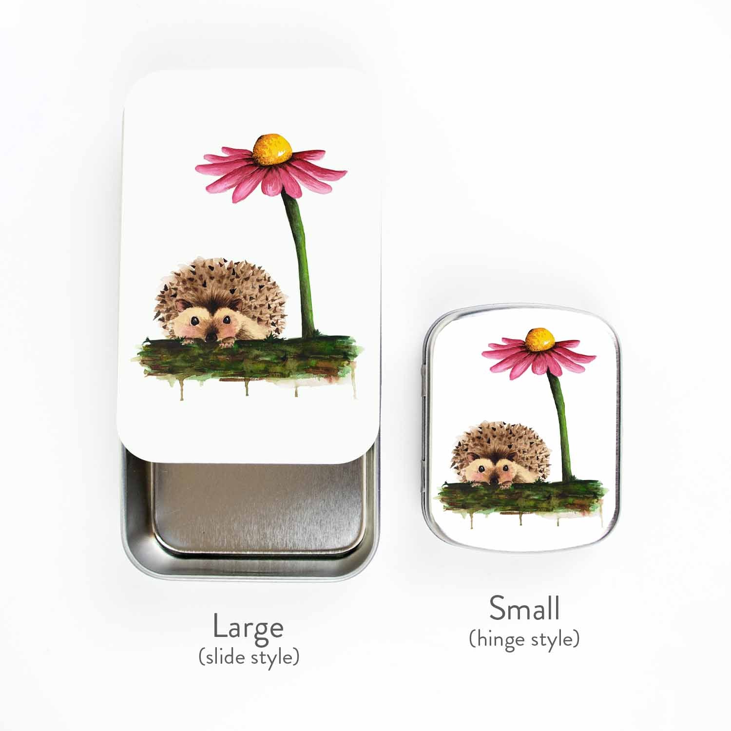 Hedgehog stitch marker tins shown together for size: large slide-style tin beside small hinge-style tin with watercolor hedgehog and coneflower artwork