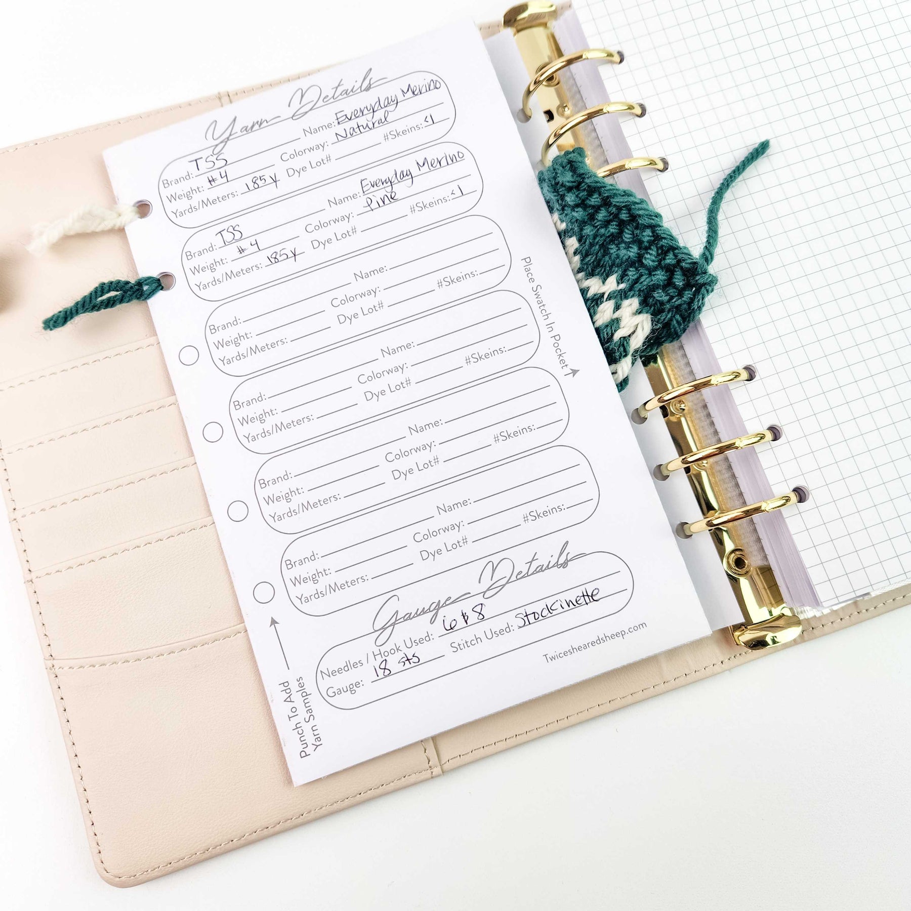 Yarn Details page filled in with handwritten entries for TSS Everyday Merino yarn with a teal knit swatch bookmark tucked into the swatch pocket