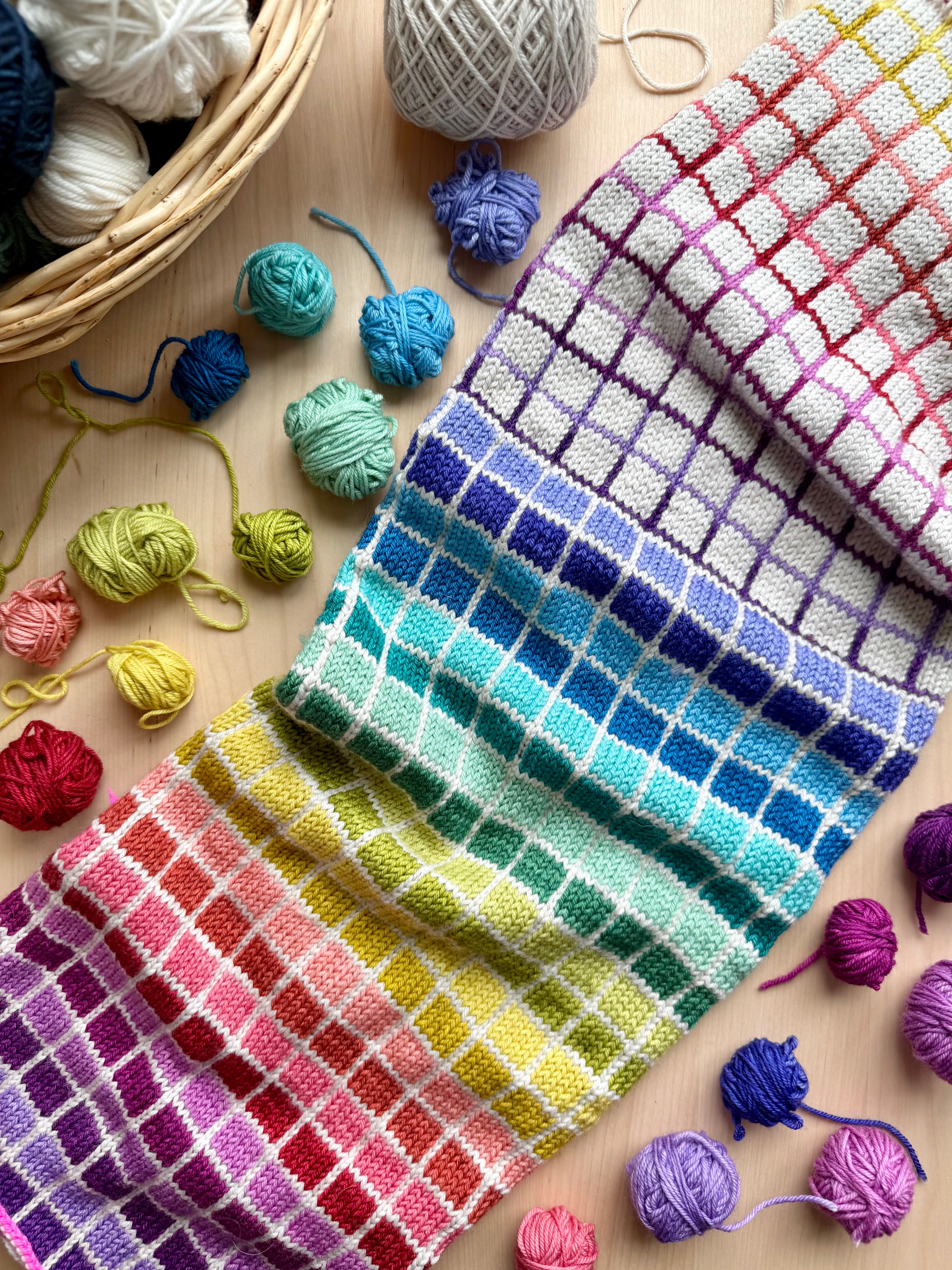 Rainbow windowpane check Geometric Doodle colorwork cowl with mini yarn balls