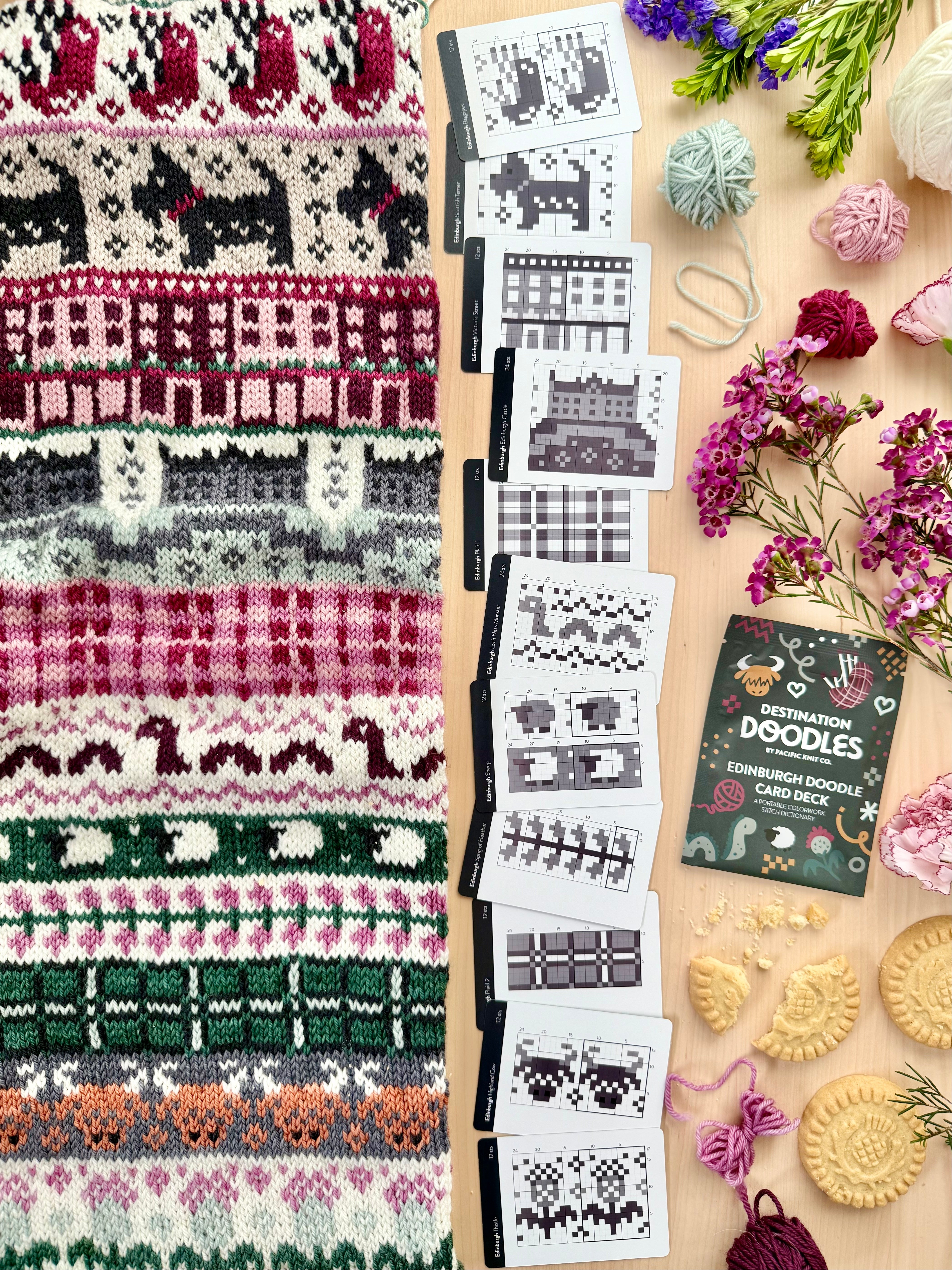 Edinburgh Doodle chart cards beside a pink and green plaid colorwork knit