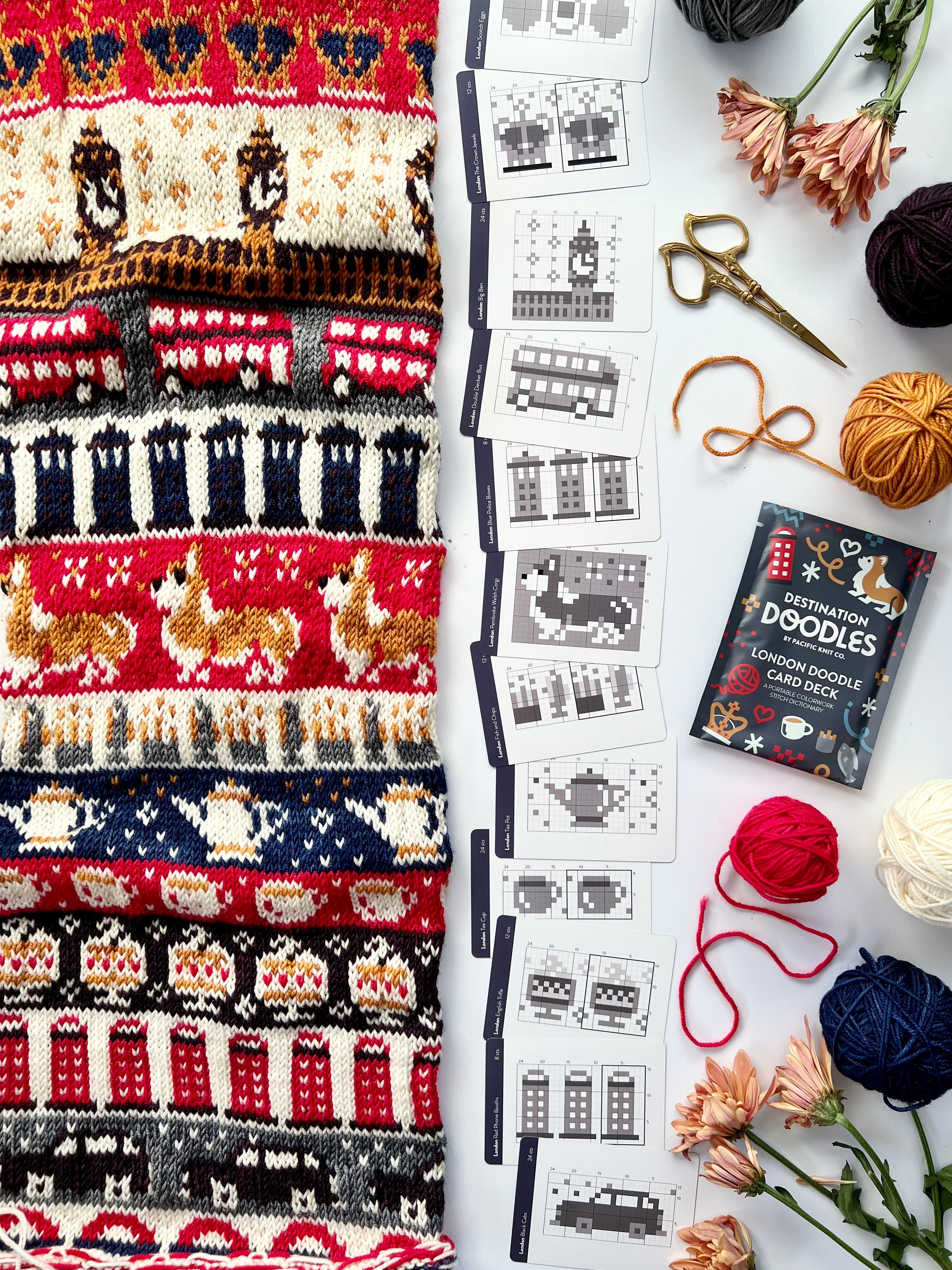 London Doodle chart cards beside a red, navy and cream London colorwork knit