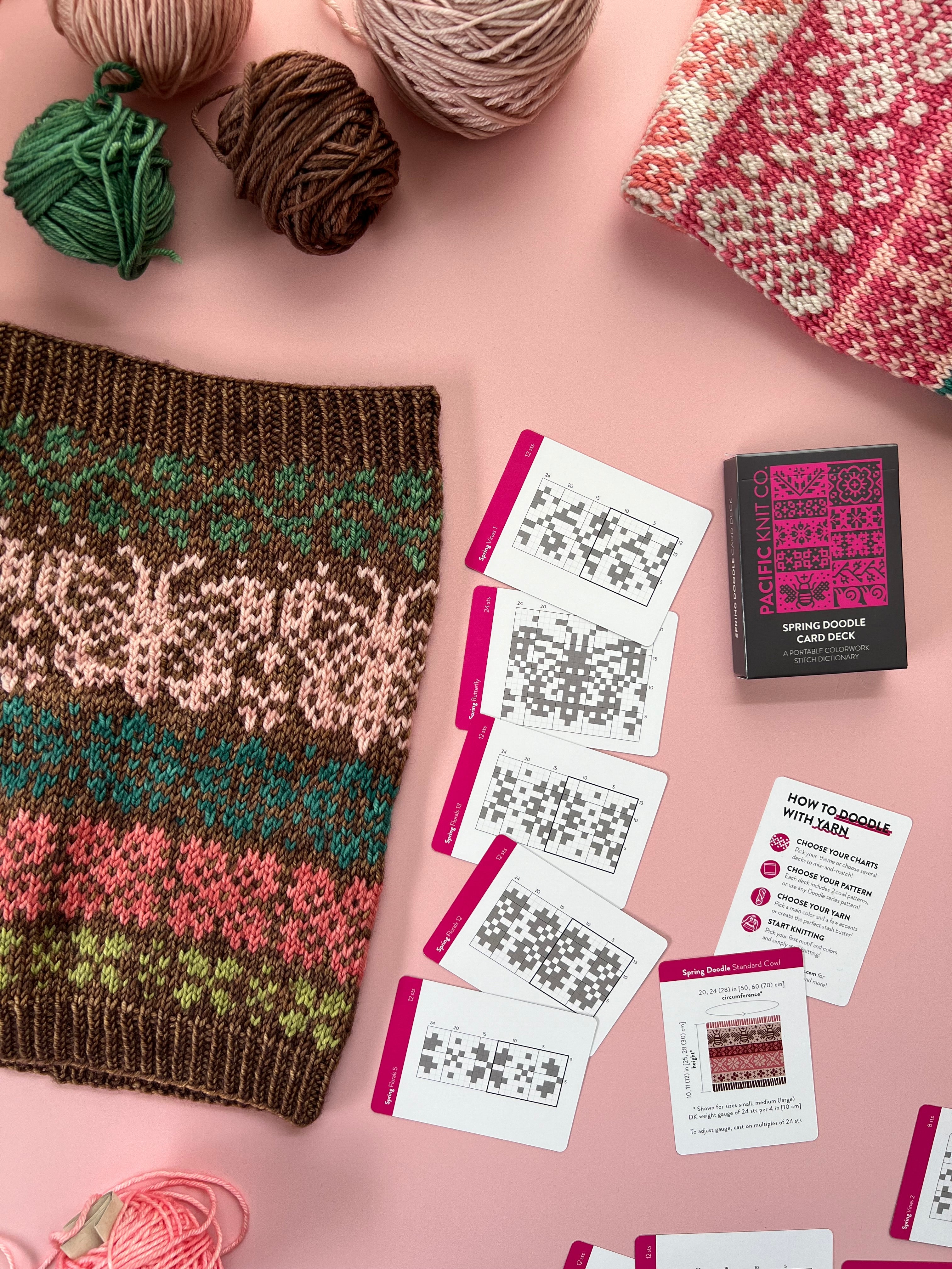 Brown and pink Spring Doodle colorwork cowl with butterfly charts and mini skeins