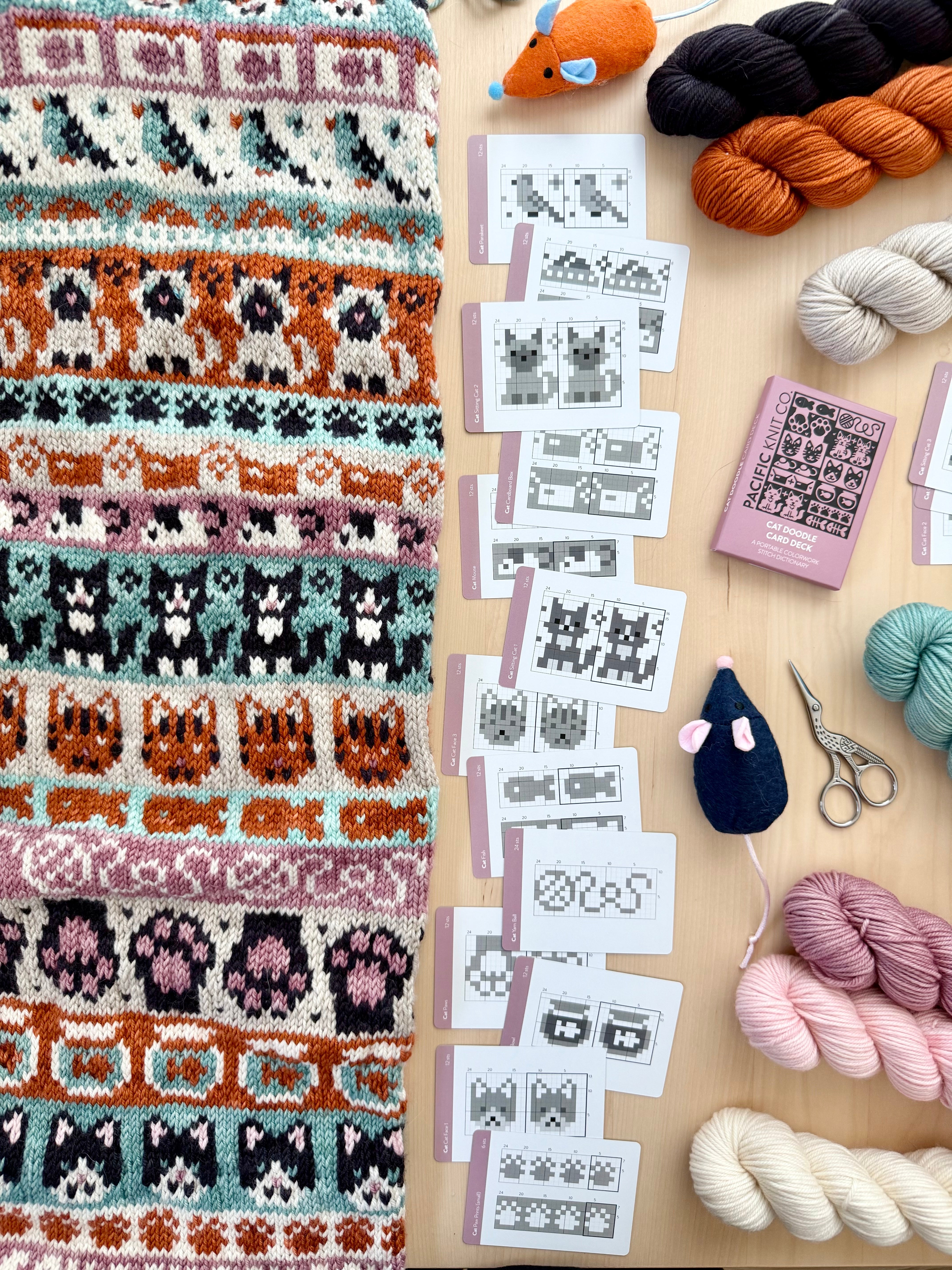 Cat Doodle chart cards beside a cat-motif colorwork knit and mini skeins