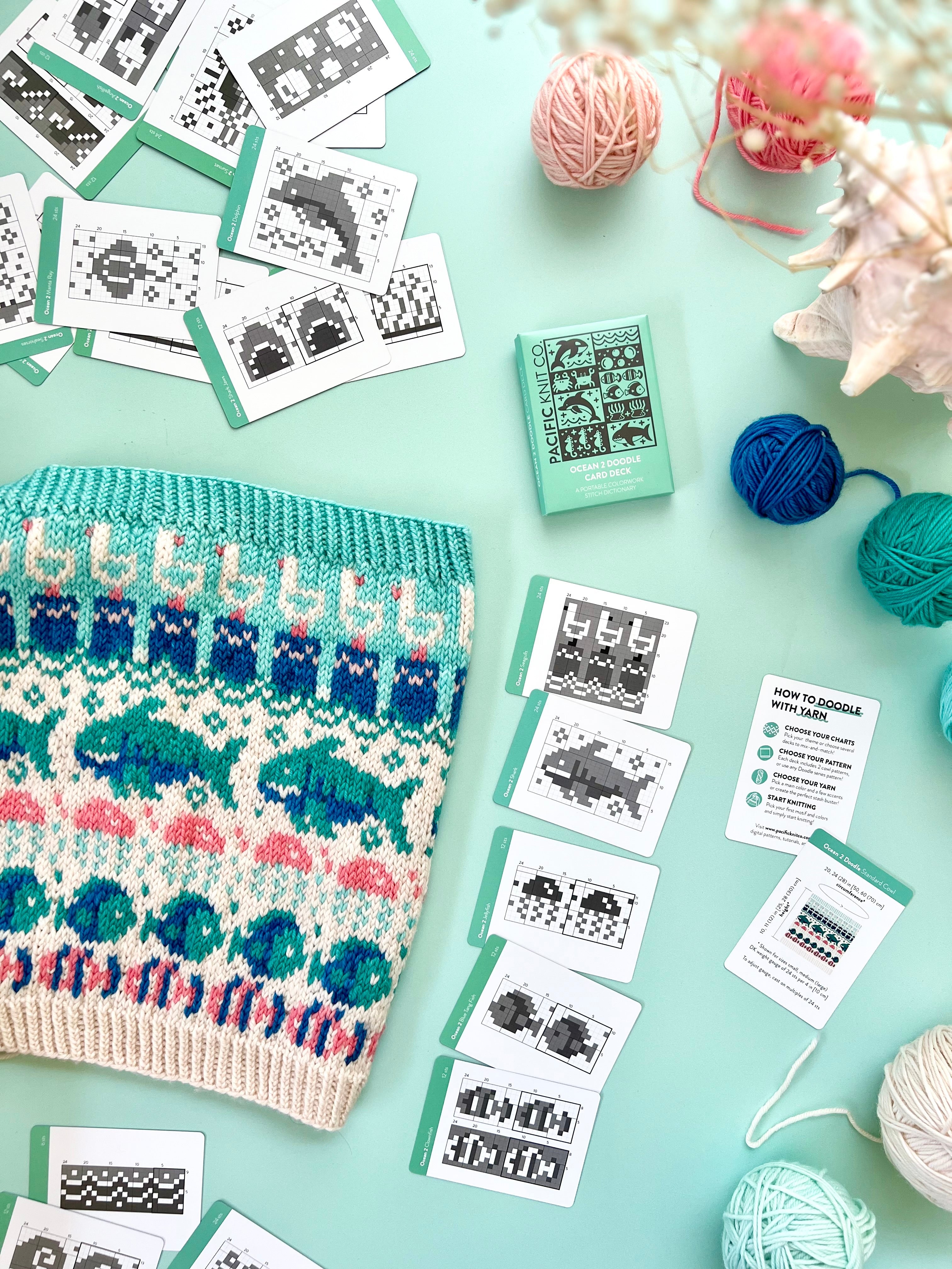 Ocean 2 Doodle colorwork knit with sea turtle motifs and scattered chart cards