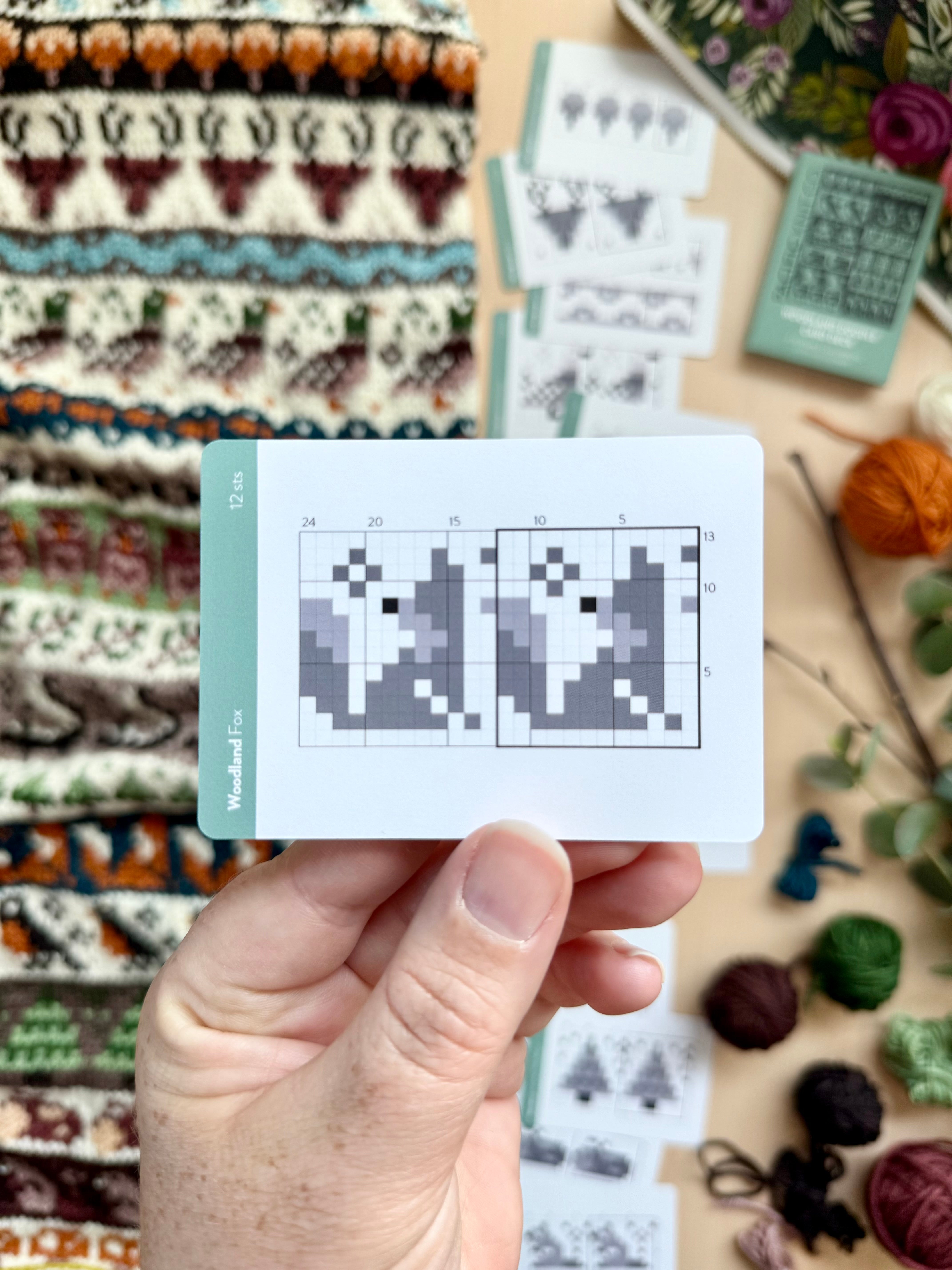 Hand holding a Woodland Doodle raccoon colorwork chart card