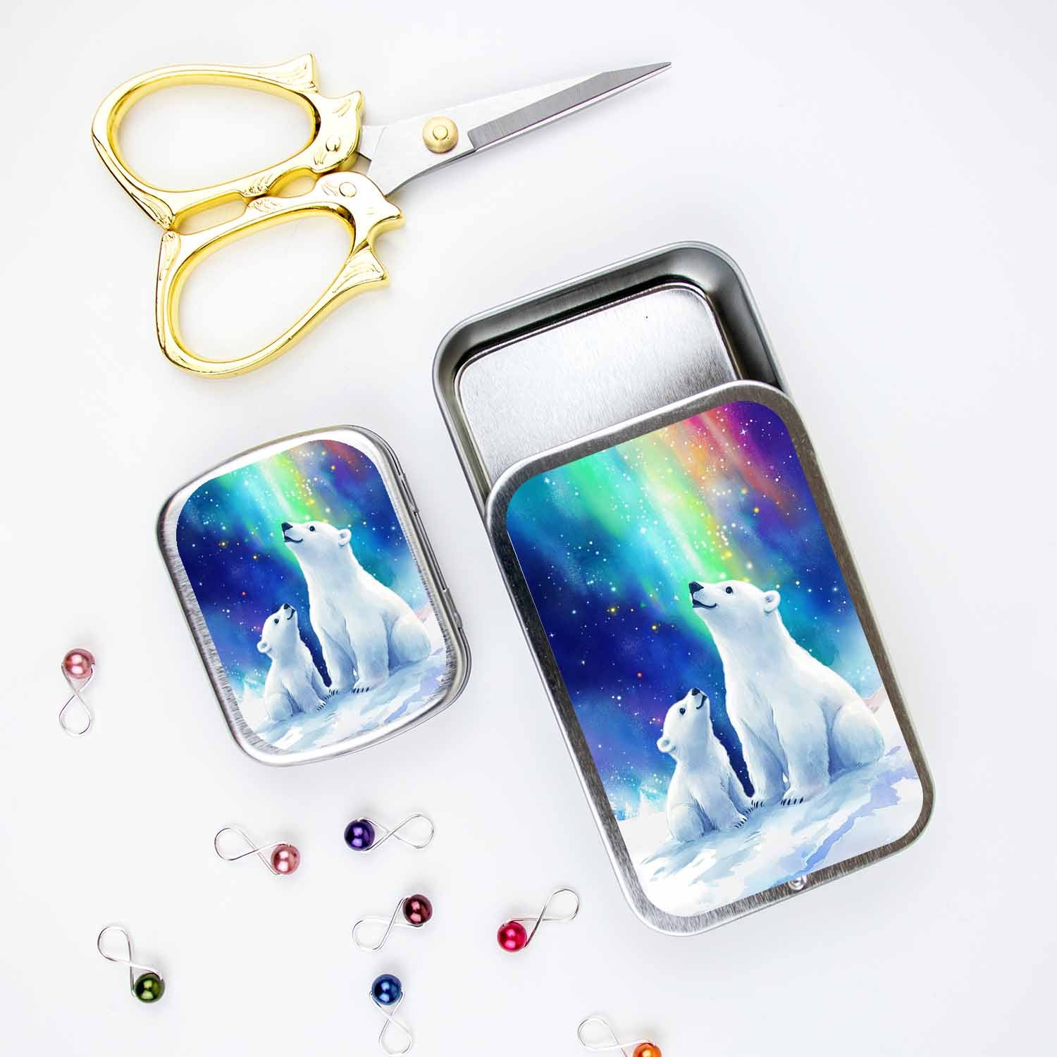 Aurora Polar Bears Stitch Marker Storage Tin