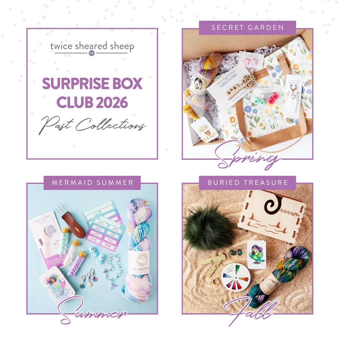 Surprise Box Club 2026 past collections: Secret Garden for spring, Mermaid Summer for summer, and Buried Treasure for fall, each box shown with its yarn, notions, and accessories