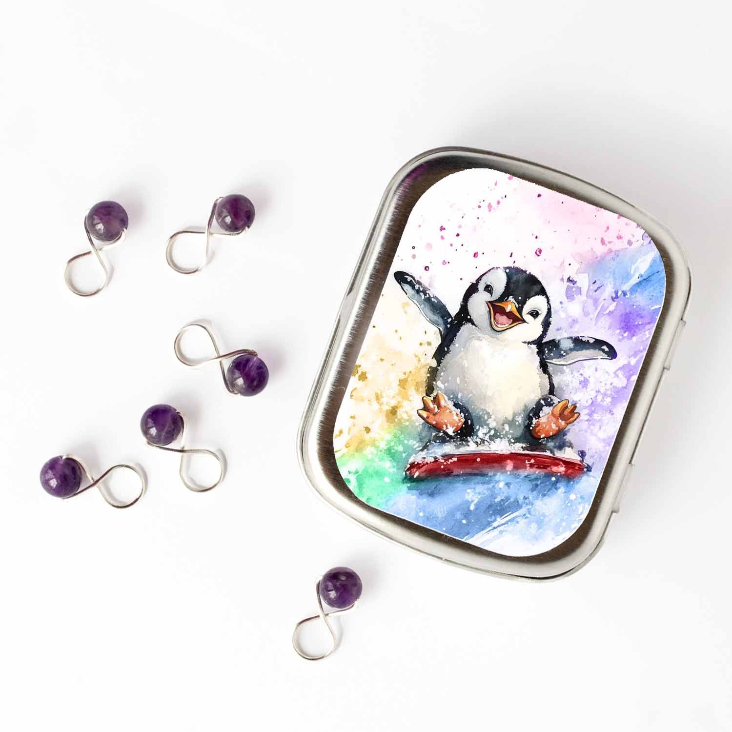 Sledding Penguin Stitch Marker Storage Tin