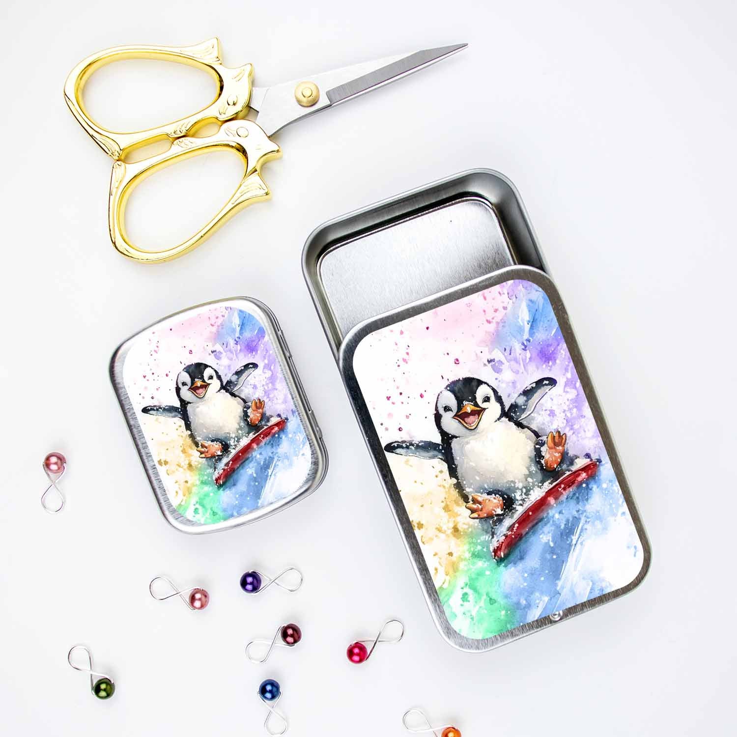 Sledding Penguin Stitch Marker Storage Tin