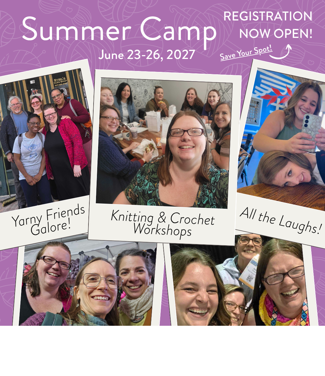TSS Summer Camp June 23-26 2027 registration now open — collage of polaroid-style photos showing groups of knitters together at workshops and events on a purple yarn-patterned background